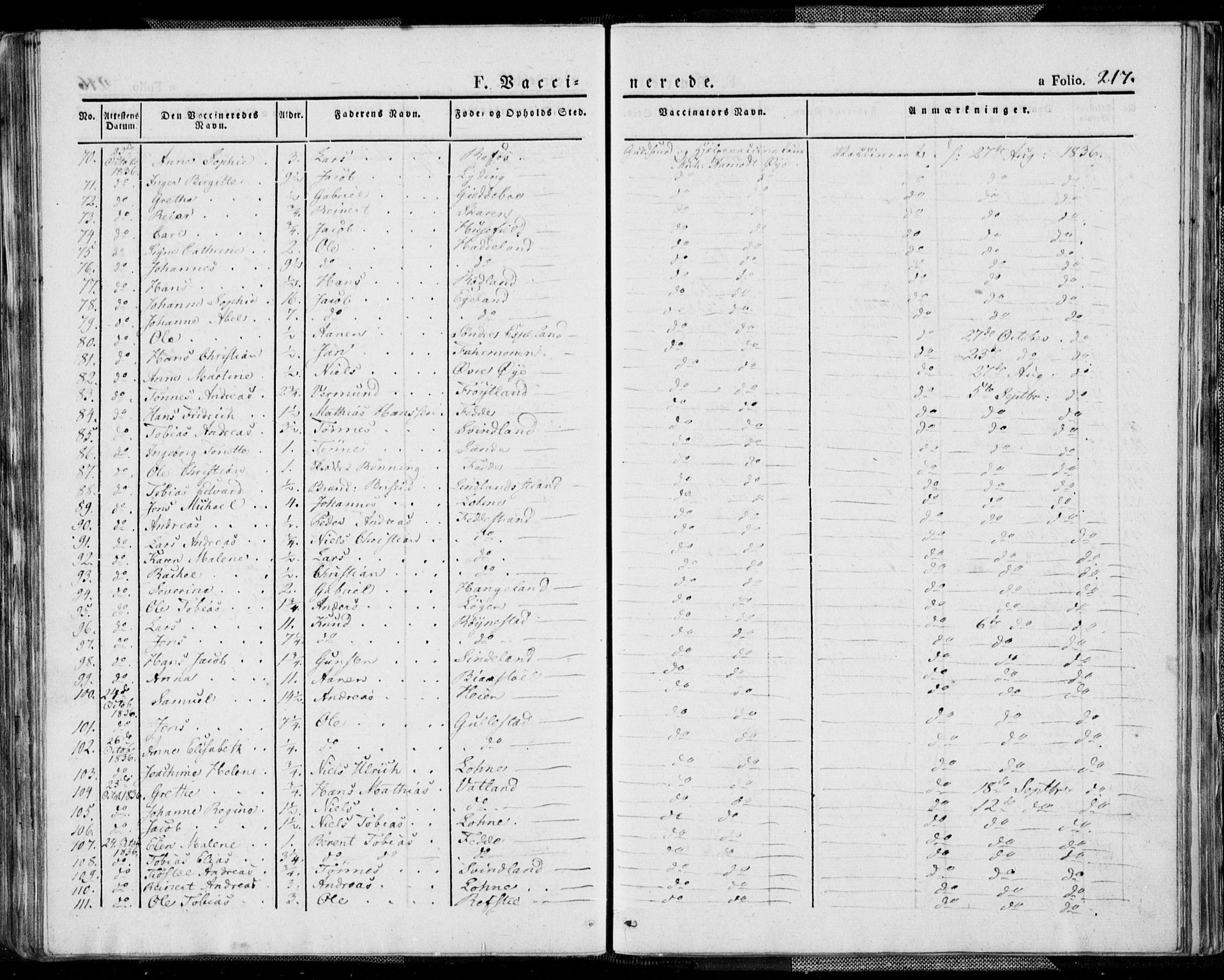 Kvinesdal sokneprestkontor, AV/SAK-1111-0026/F/Fa/Fab/L0004: Parish register (official) no. A 4, 1829-1843, p. 217