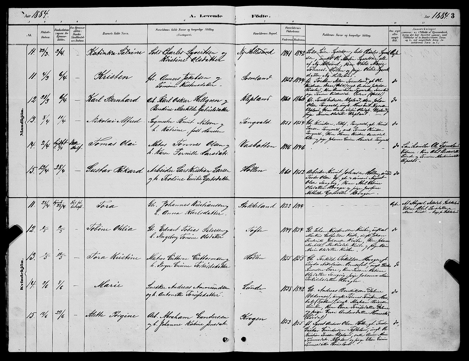 Søgne sokneprestkontor, AV/SAK-1111-0037/F/Fb/Fbb/L0005: Parish register (copy) no. B 5, 1884-1891, p. 3