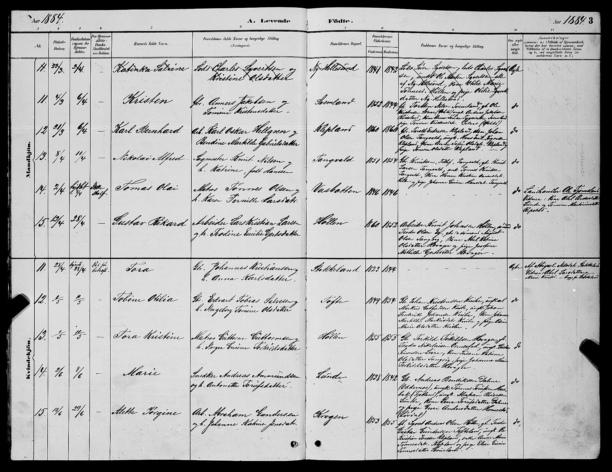 Søgne sokneprestkontor, SAK/1111-0037/F/Fb/Fbb/L0005: Parish register (copy) no. B 5, 1884-1891, p. 3