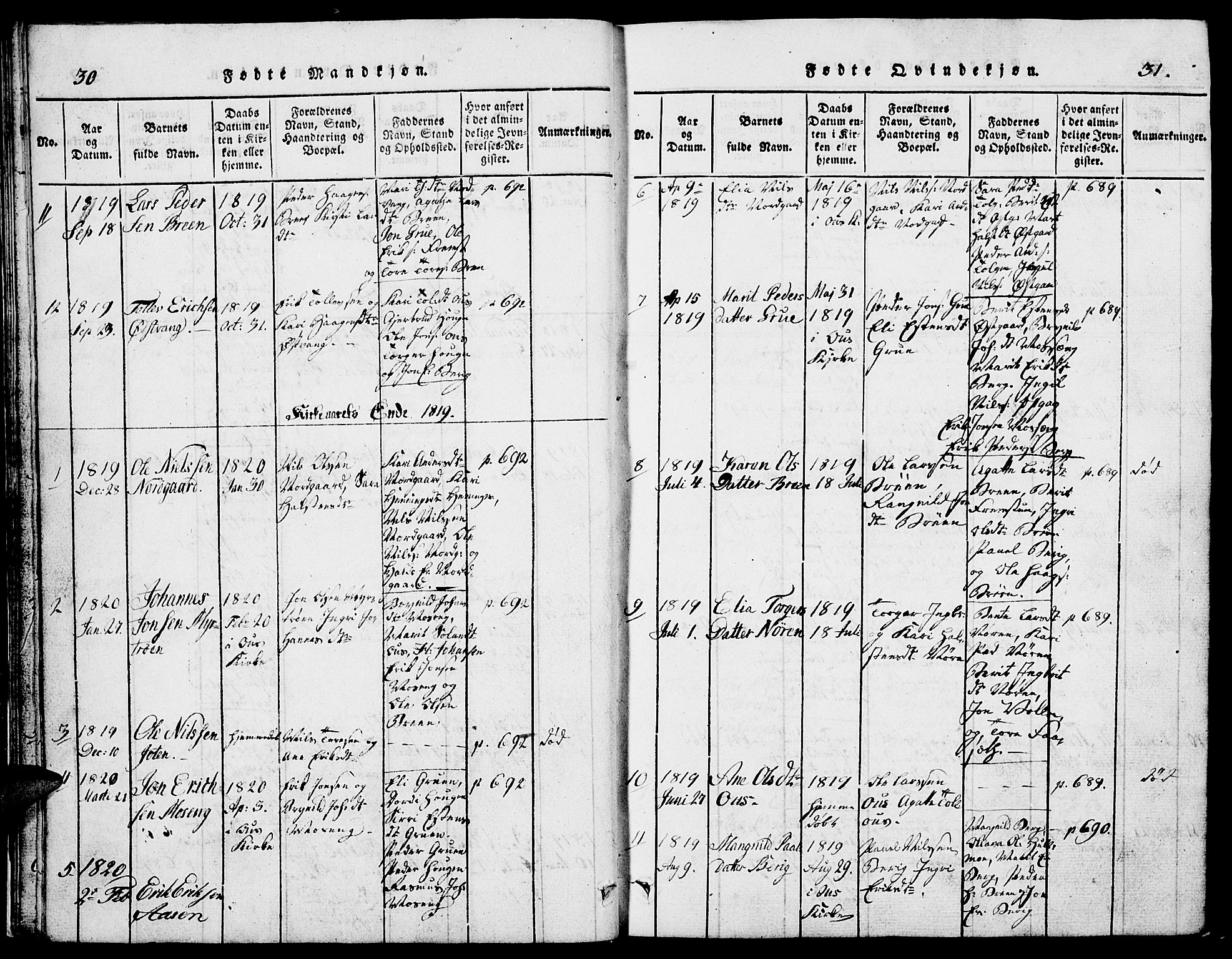 Tolga prestekontor, AV/SAH-PREST-062/L/L0002: Parish register (copy) no. 2, 1815-1844, p. 30-31