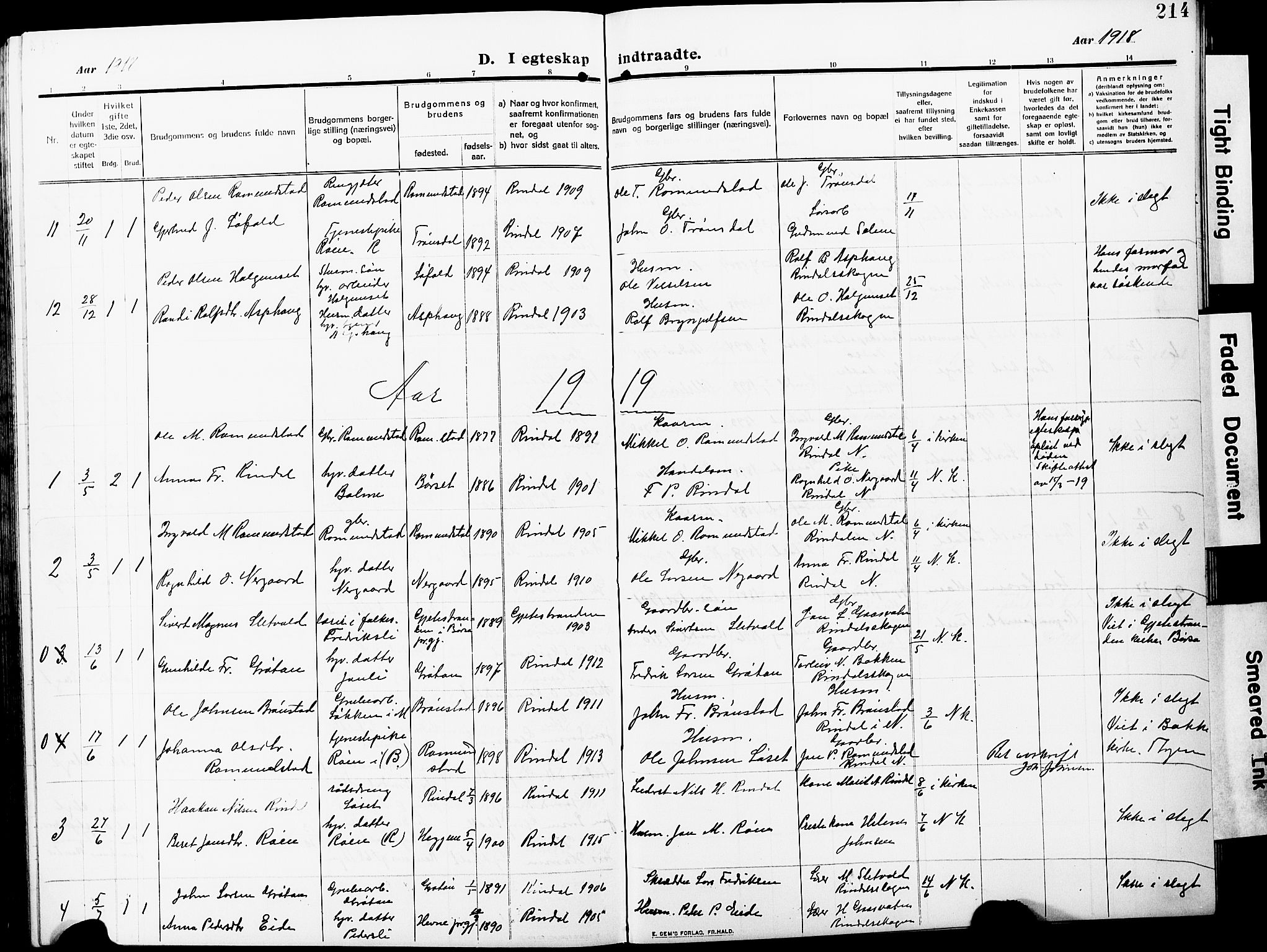 Ministerialprotokoller, klokkerbøker og fødselsregistre - Møre og Romsdal, AV/SAT-A-1454/598/L1079: Parish register (copy) no. 598C04, 1909-1927, p. 214