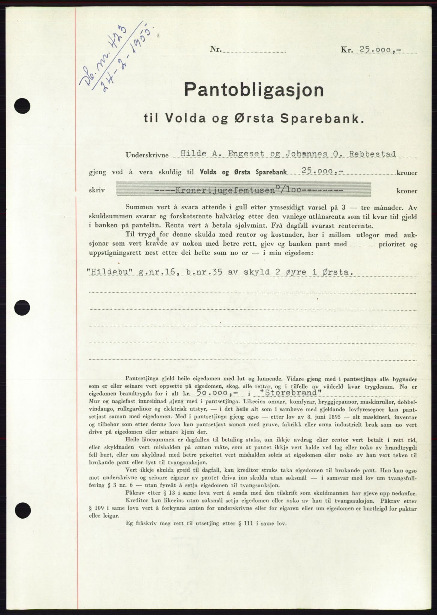 Søre Sunnmøre sorenskriveri, AV/SAT-A-4122/1/2/2C/L0126: Mortgage book no. 14B, 1954-1955, Diary no: : 423/1955