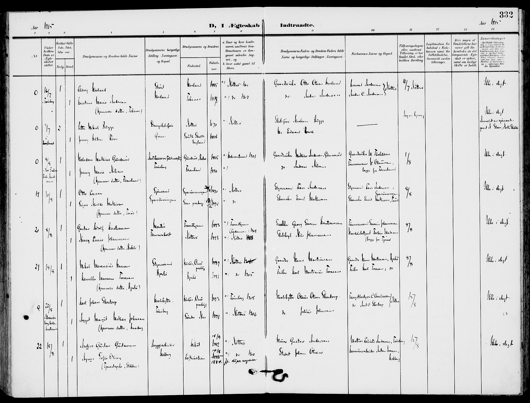 Nøtterøy kirkebøker, AV/SAKO-A-354/F/Fa/L0010: Parish register (official) no. I 10, 1908-1919, p. 332