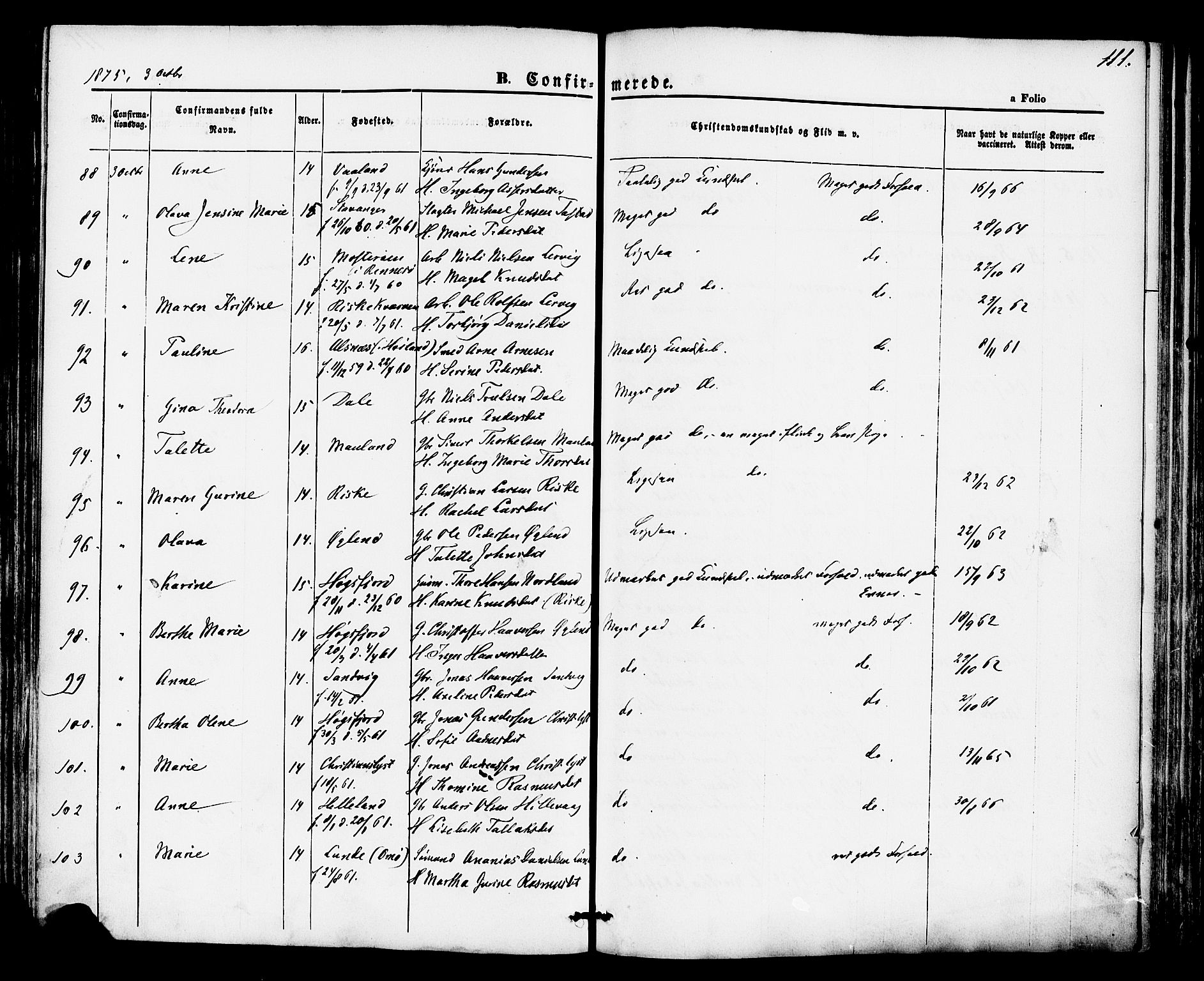 Hetland sokneprestkontor, AV/SAST-A-101826/30/30BA/L0004: Parish register (official) no. A 4, 1862-1881, p. 111