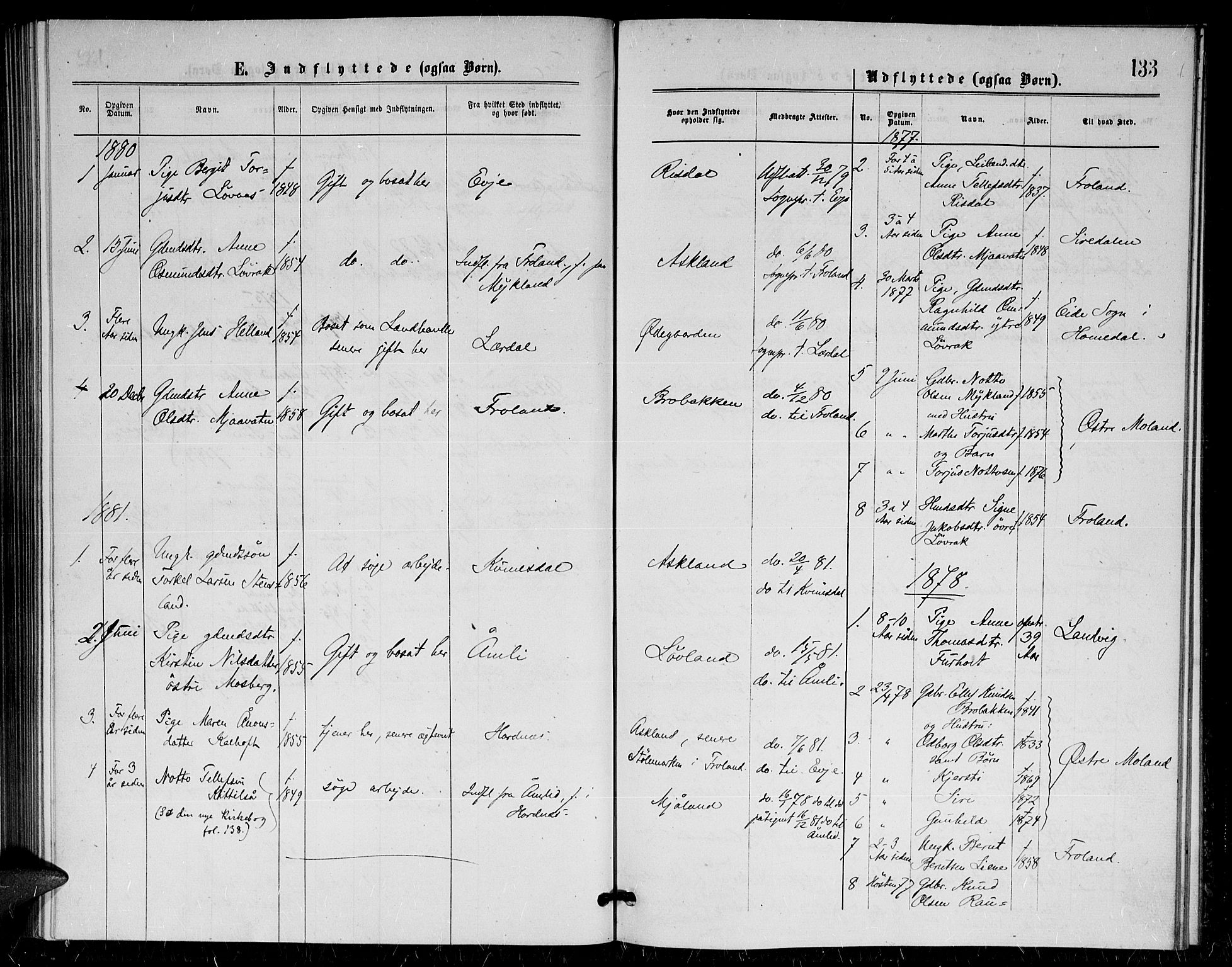 Herefoss sokneprestkontor, AV/SAK-1111-0019/F/Fa/Fac/L0001: Parish register (official) no. A 1, 1871-1886, p. 133