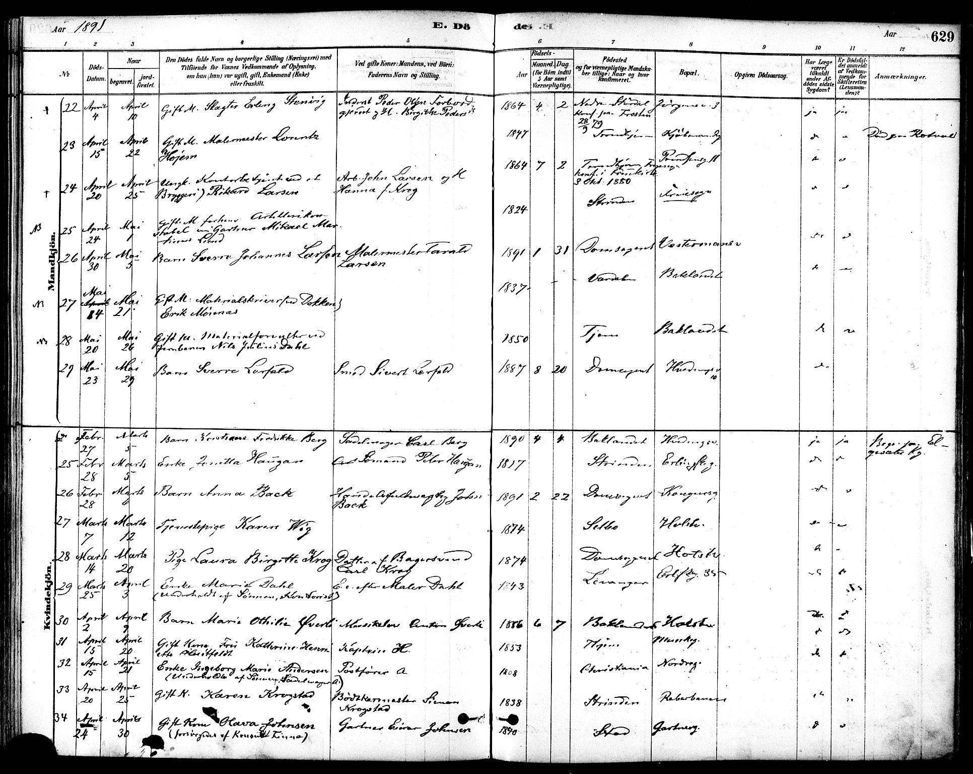 Ministerialprotokoller, klokkerbøker og fødselsregistre - Sør-Trøndelag, AV/SAT-A-1456/601/L0058: Parish register (official) no. 601A26, 1877-1891, p. 629