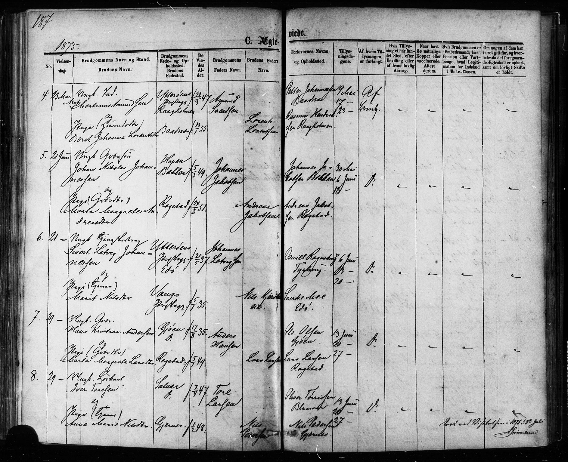 Ministerialprotokoller, klokkerbøker og fødselsregistre - Møre og Romsdal, AV/SAT-A-1454/581/L0938: Parish register (official) no. 581A06, 1873-1879, p. 187