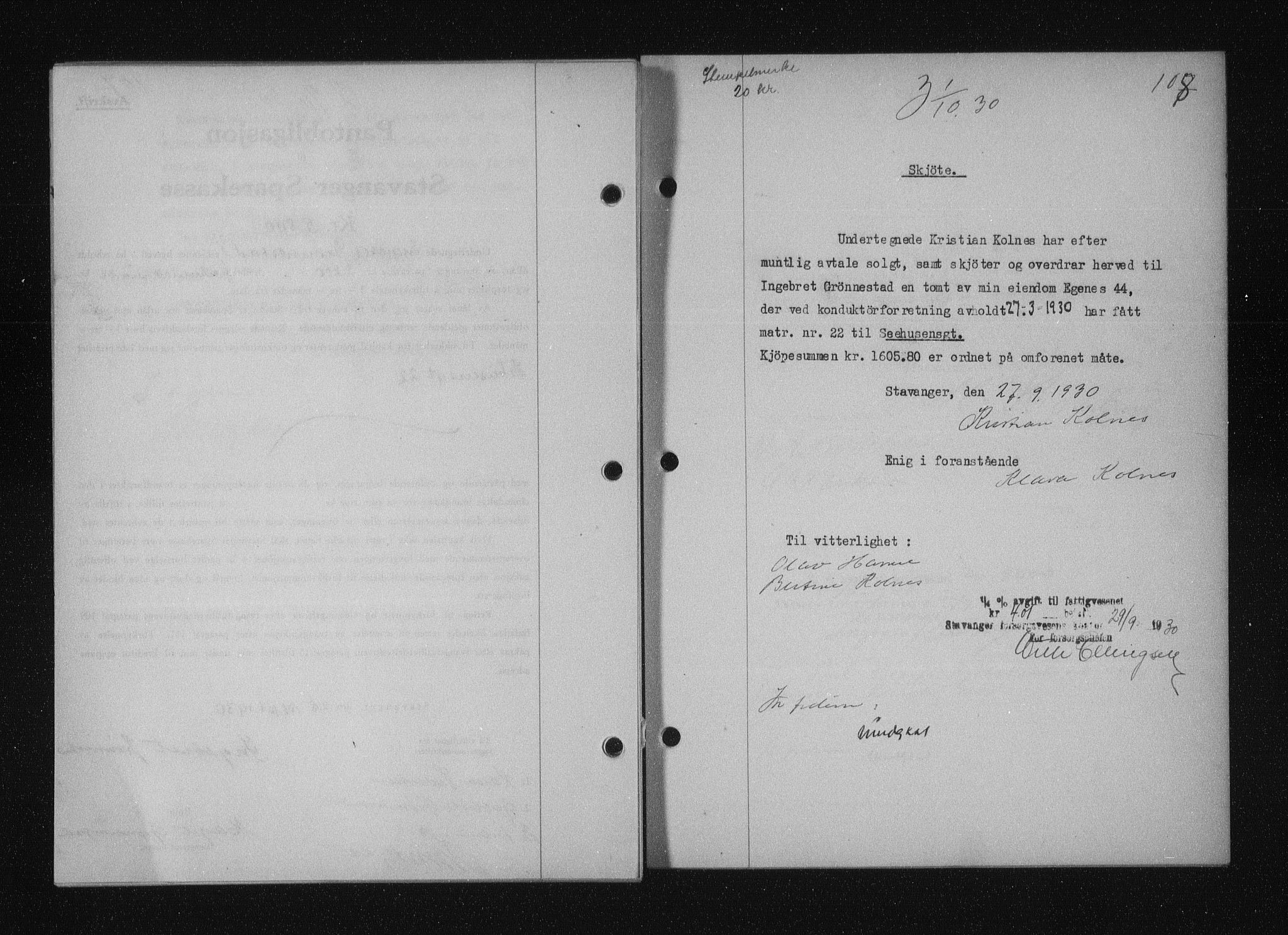 Stavanger byfogd, SAST/A-101408/001/4/41/410/410BB/L0058: Mortgage book no. 48, 1930-1931, Deed date: 01.10.1930