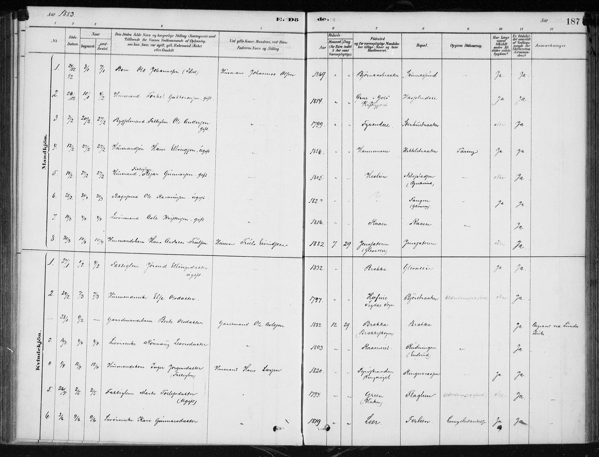 Krødsherad kirkebøker, SAKO/A-19/F/Fa/L0005: Parish register (official) no. 5, 1879-1888, p. 187