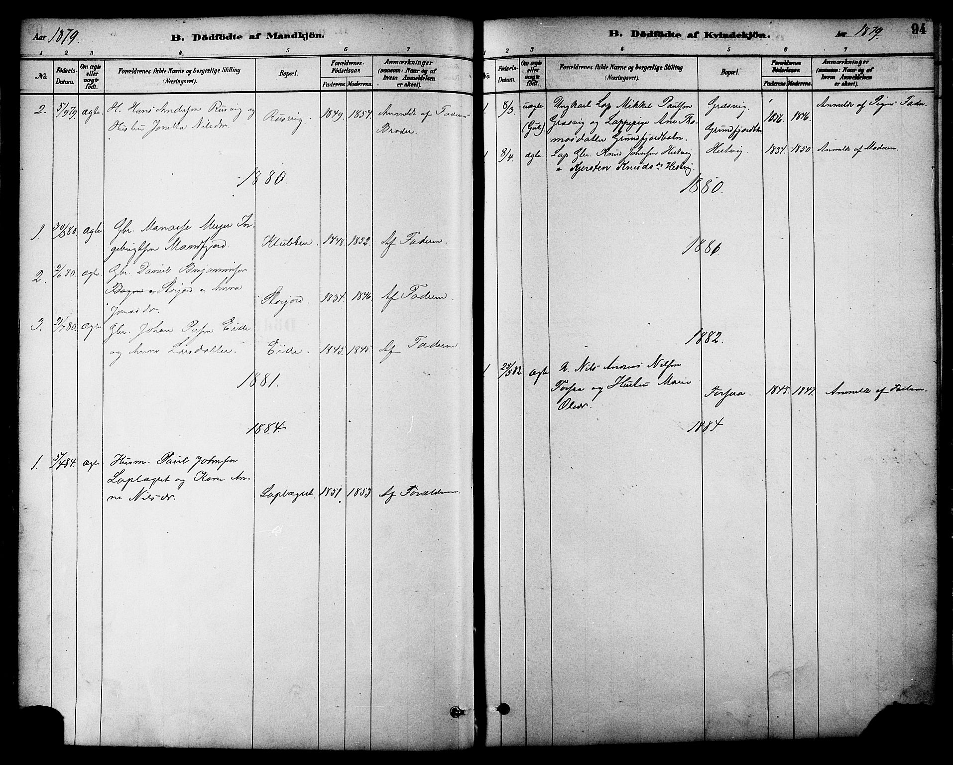 Ministerialprotokoller, klokkerbøker og fødselsregistre - Nordland, AV/SAT-A-1459/861/L0868: Parish register (official) no. 861A03, 1879-1889, p. 94