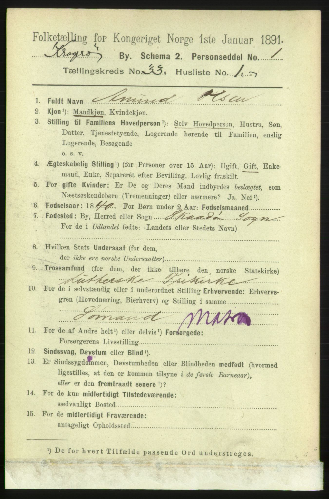 RA, 1891 census for 0801 Kragerø, 1891, p. 5946