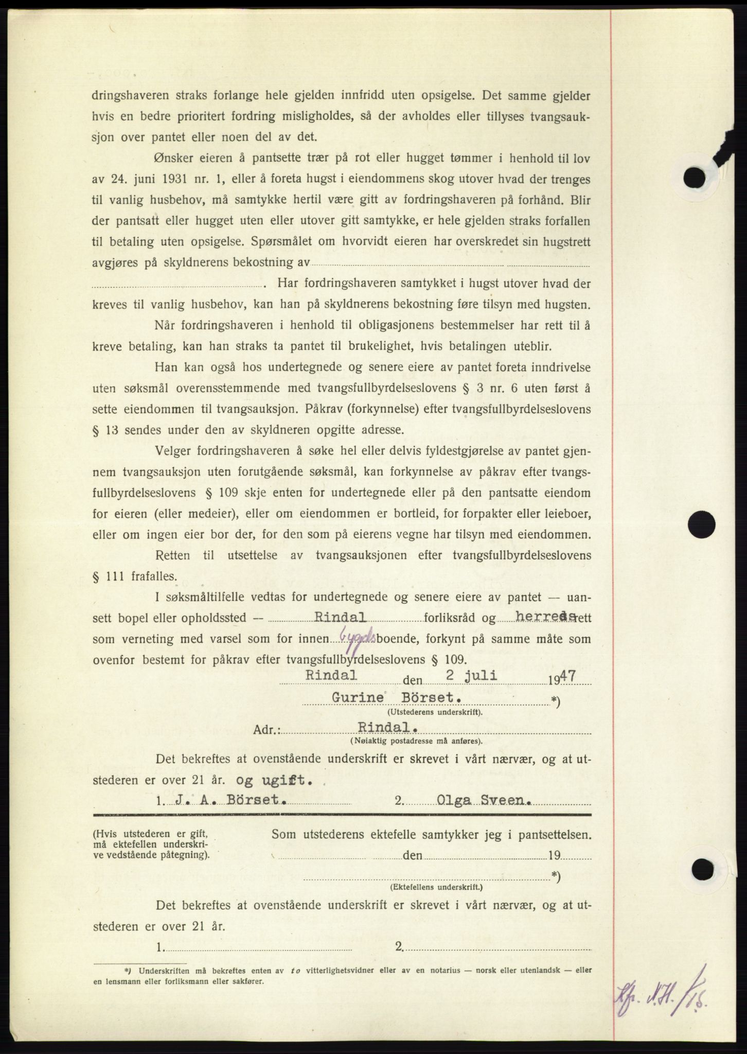 Nordmøre sorenskriveri, AV/SAT-A-4132/1/2/2Ca: Mortgage book no. B96, 1947-1947, Diary no: : 1534/1947