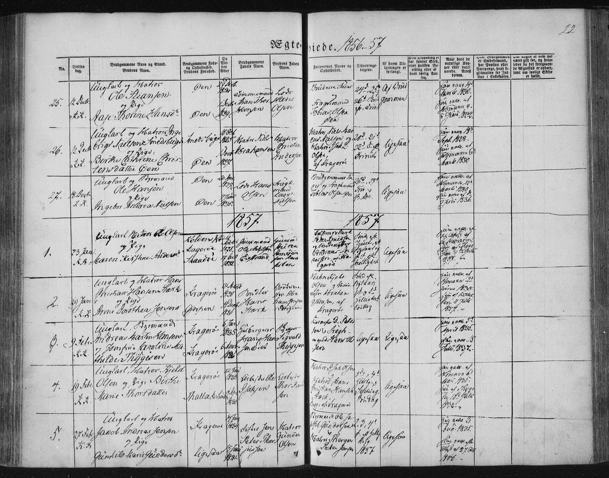 Kragerø kirkebøker, SAKO/A-278/F/Fa/L0006: Parish register (official) no. 6, 1847-1861, p. 22