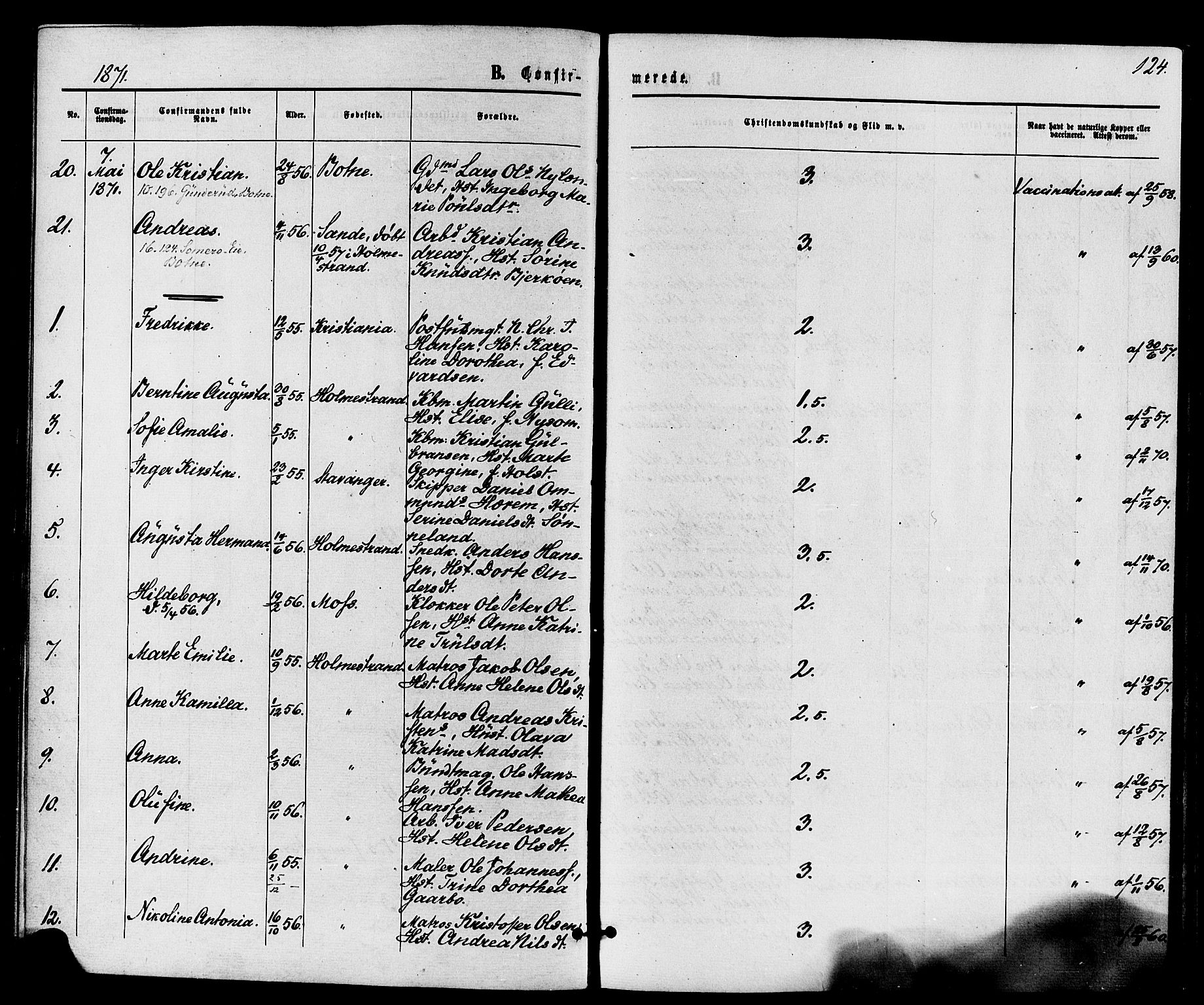 Holmestrand kirkebøker, AV/SAKO-A-346/F/Fa/L0003: Parish register (official) no. 3, 1867-1879, p. 124