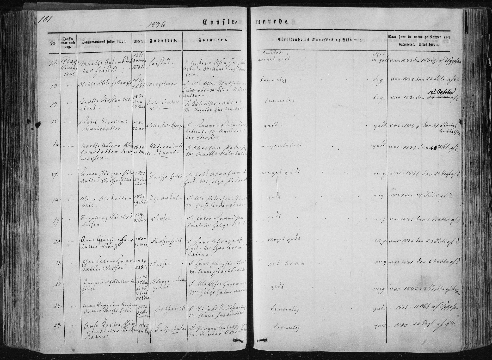 Sannidal kirkebøker, AV/SAKO-A-296/F/Fa/L0007: Parish register (official) no. 7, 1831-1854, p. 181