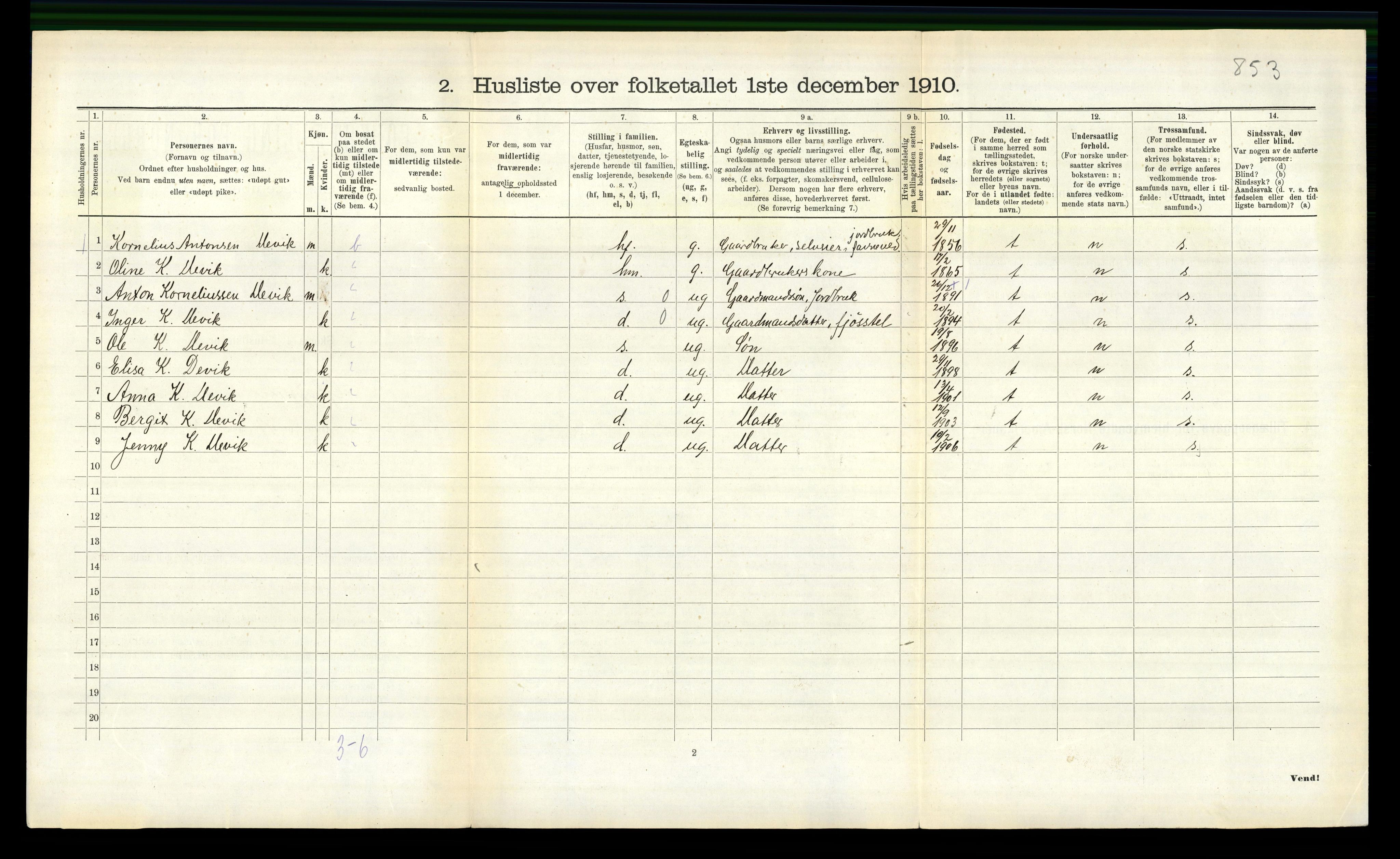 RA, 1910 census for Gloppen, 1910, p. 485