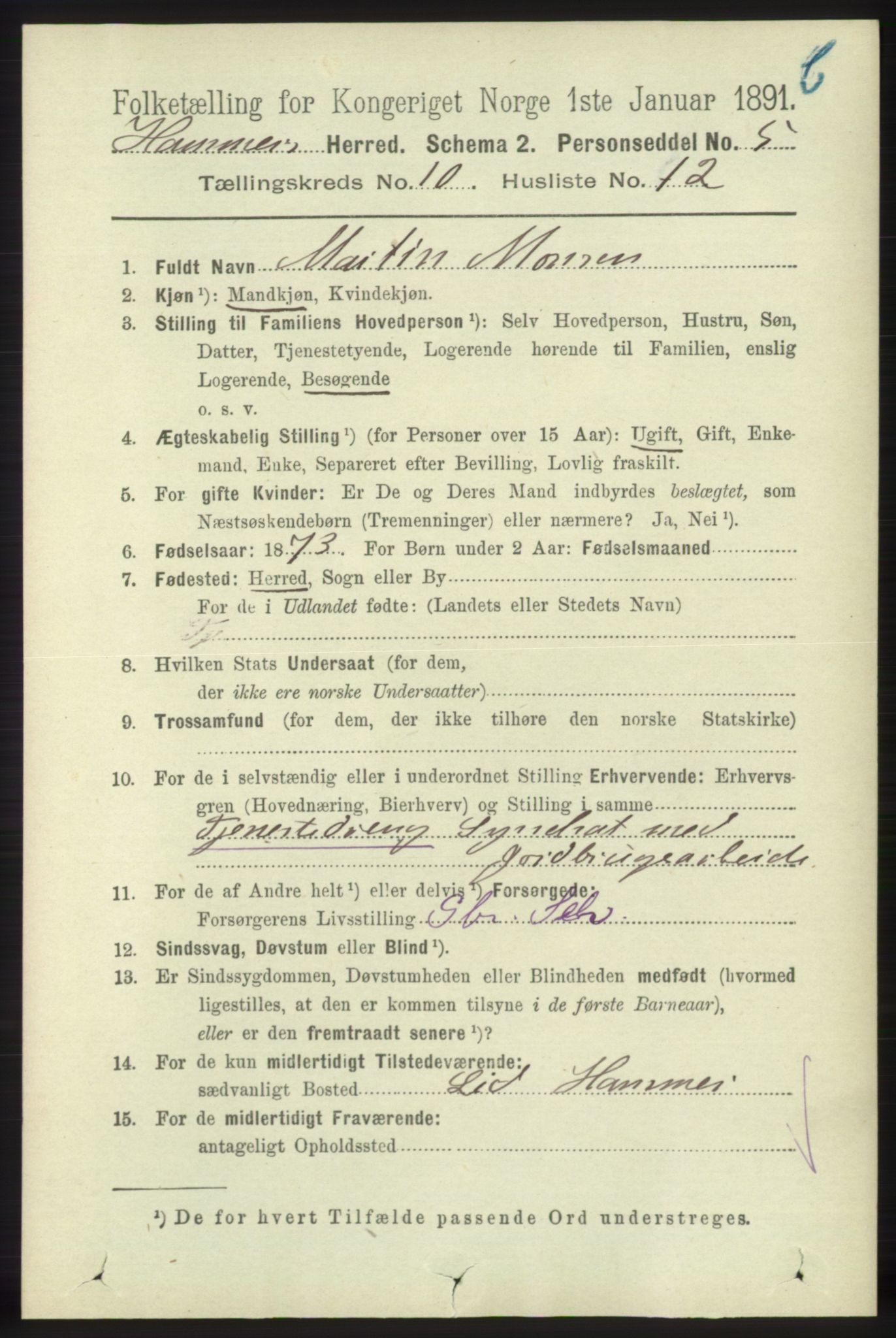 RA, 1891 census for 1254 Hamre, 1891, p. 3110
