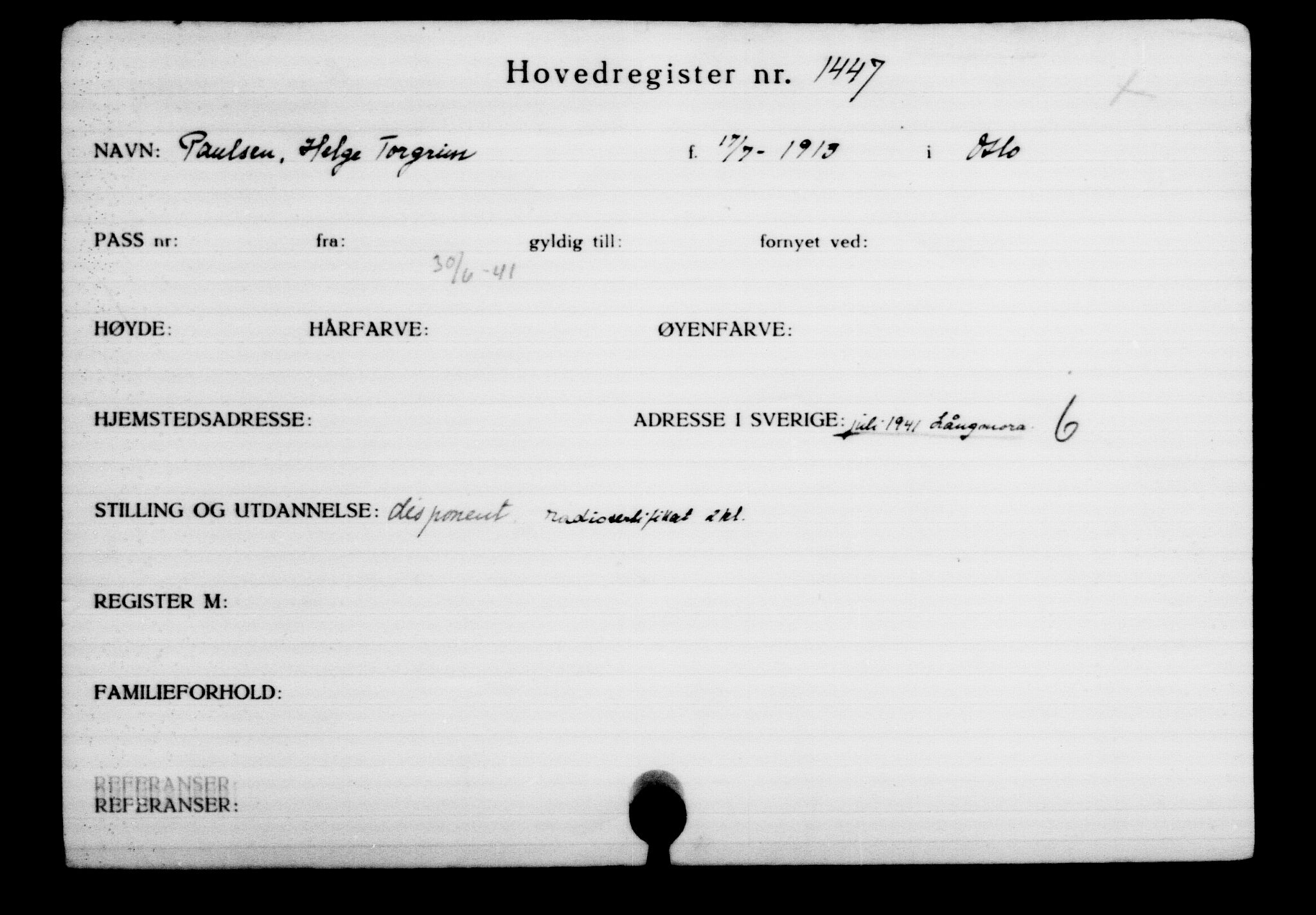 Utenriksstasjonene, Legasjonen i Stockholm, Flyktningkontoret, AV/RA-S-6753/V/Va/L0002: Kjesäterkartoteket, flyktninger med registreringsnr. 1001-2000, 1940-1945, p. 634
