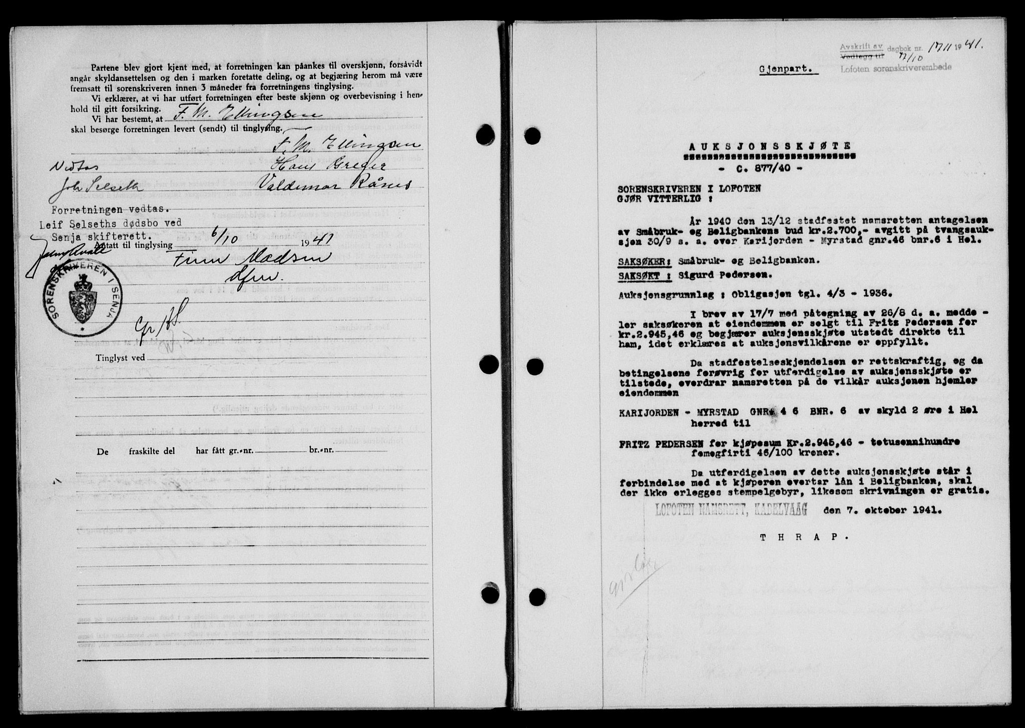 Lofoten sorenskriveri, SAT/A-0017/1/2/2C/L0009a: Mortgage book no. 9a, 1941-1942, Diary no: : 1711/1941