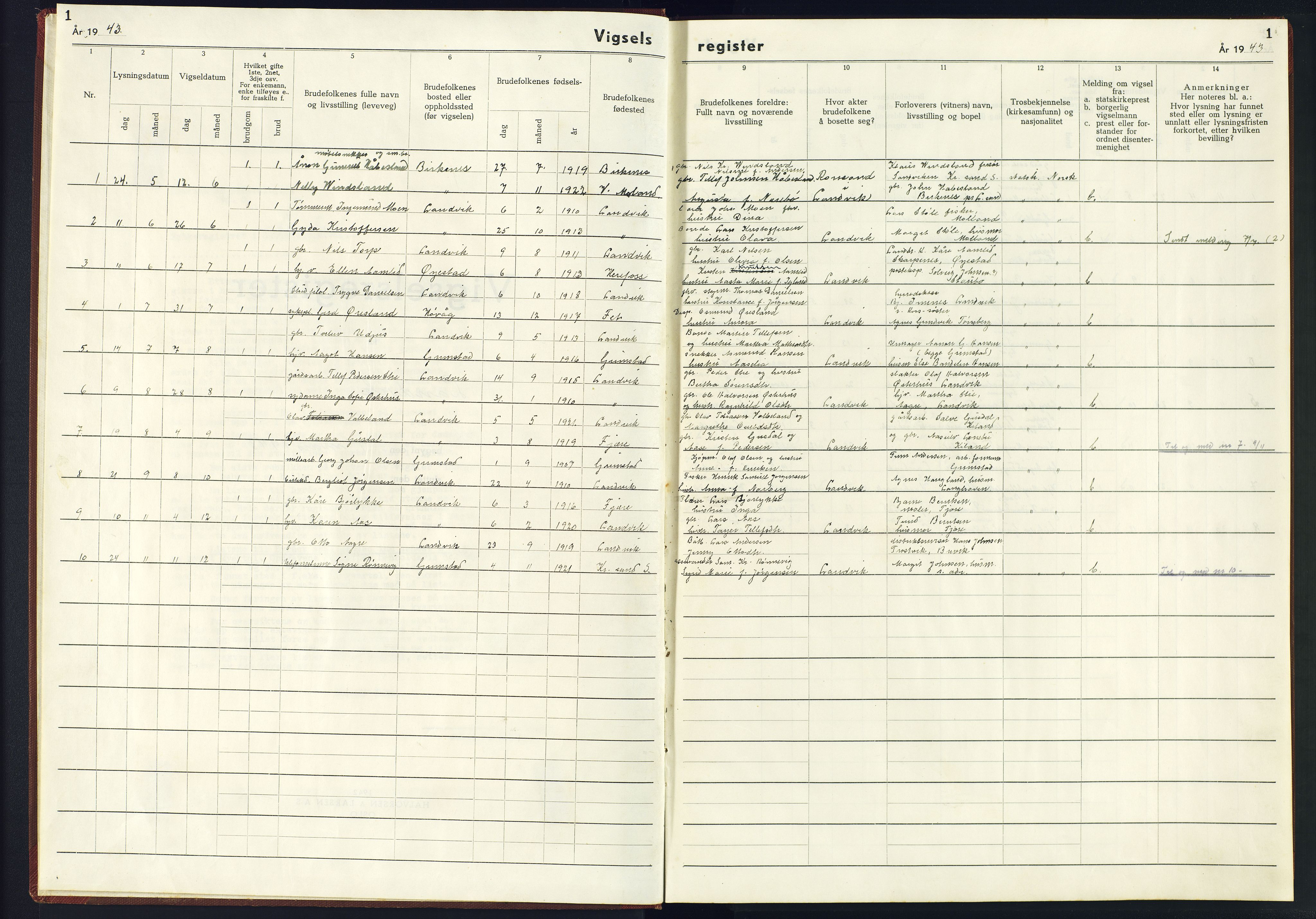 Hommedal sokneprestkontor, SAK/1111-0023/J/Jf/L0003: Marriage register no. 3, 1943-1945, p. 1
