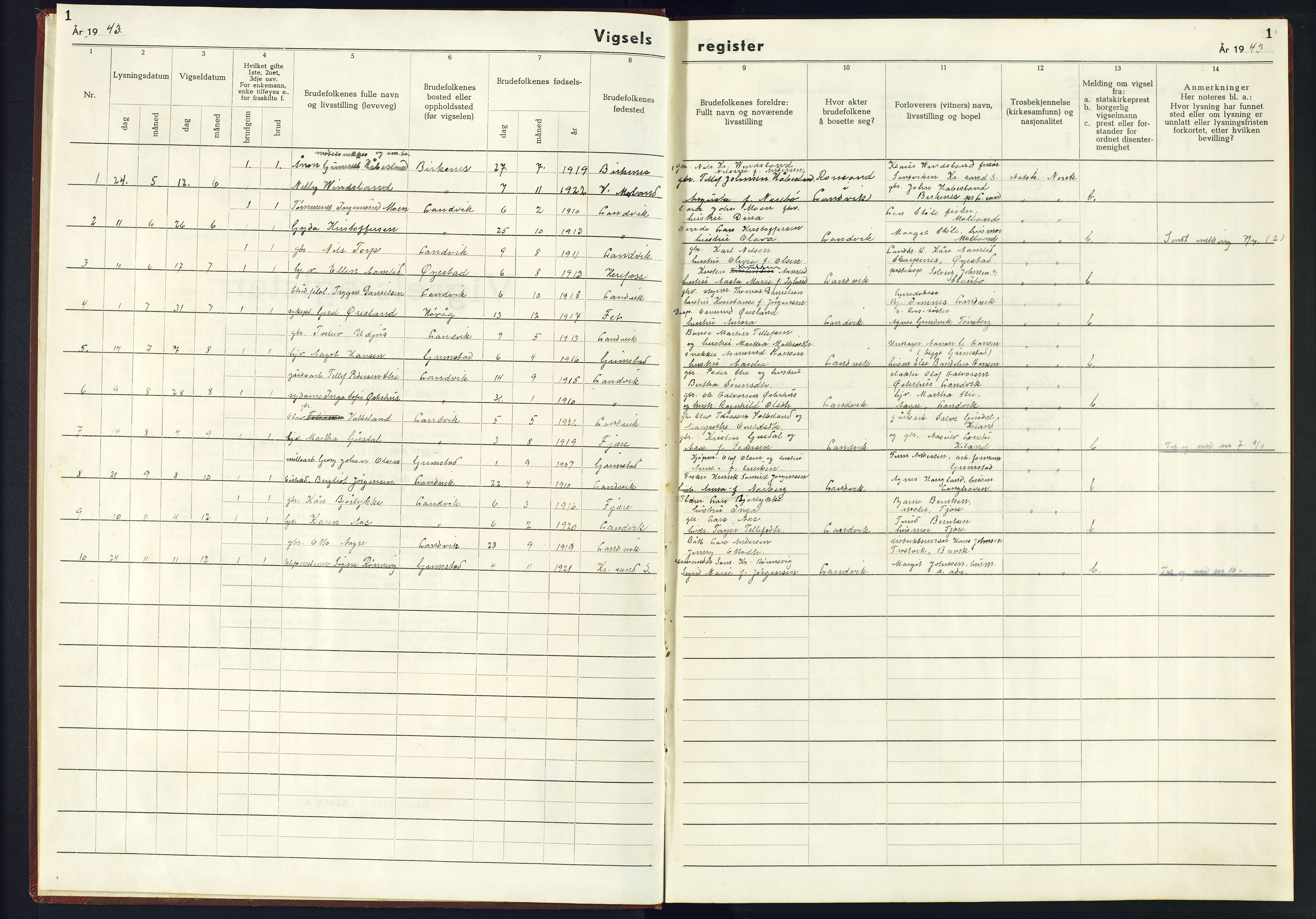 Hommedal sokneprestkontor, AV/SAK-1111-0023/J/Jf/L0003: Marriage register no. 3, 1943-1945, p. 1