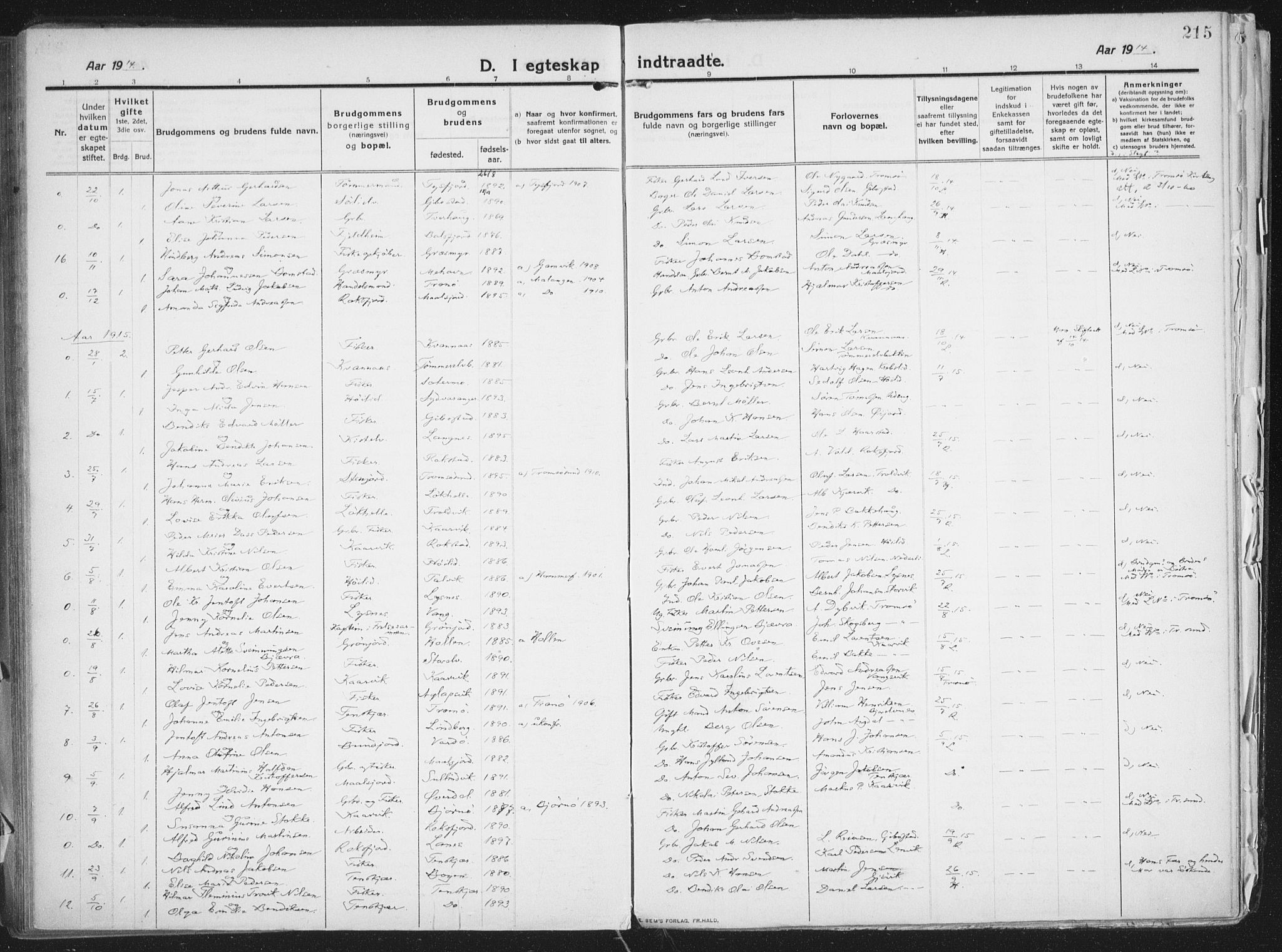 Lenvik sokneprestembete, SATØ/S-1310/H/Ha/Haa/L0016kirke: Parish register (official) no. 16, 1910-1924, p. 215