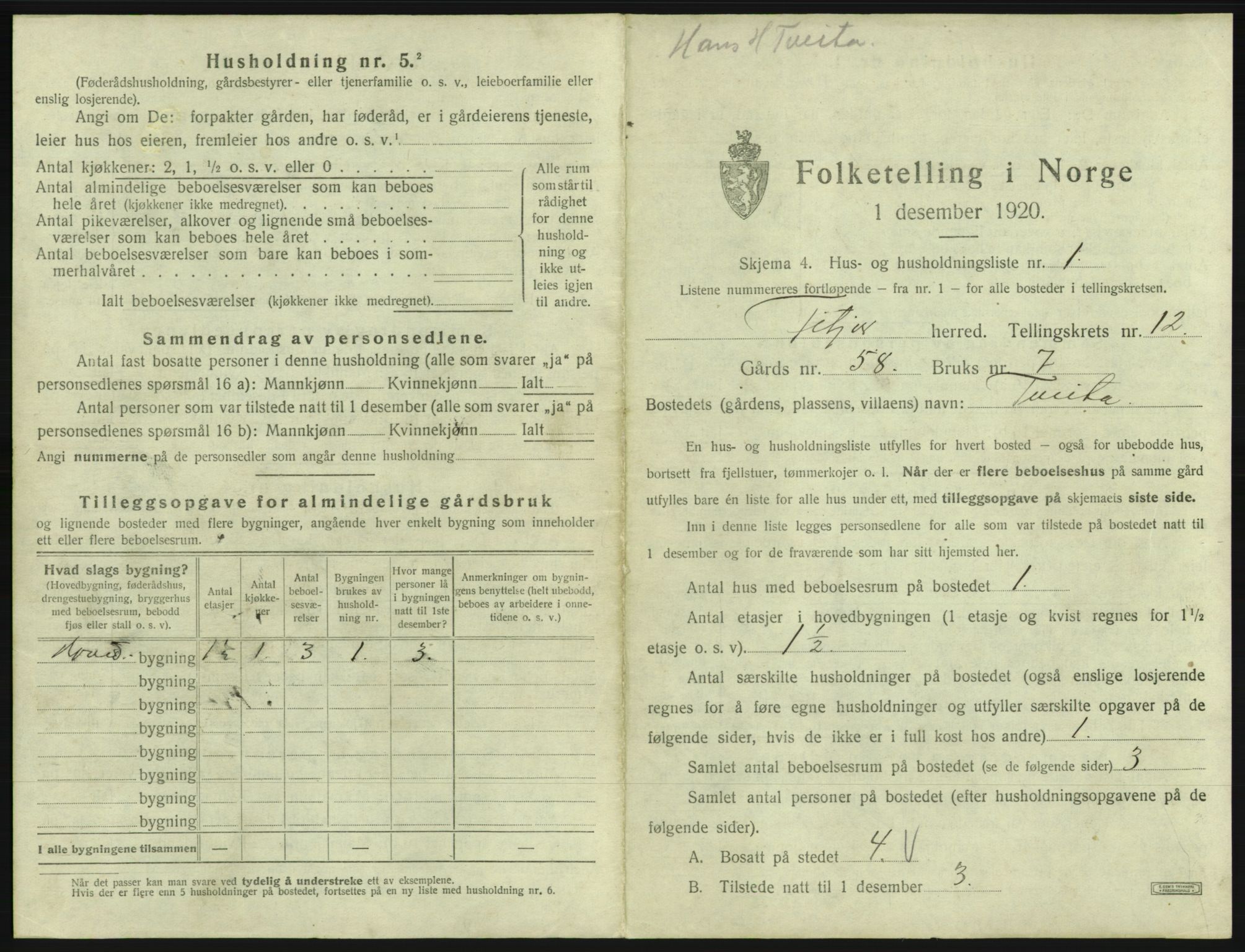 SAB, 1920 census for Fitjar, 1920, p. 637