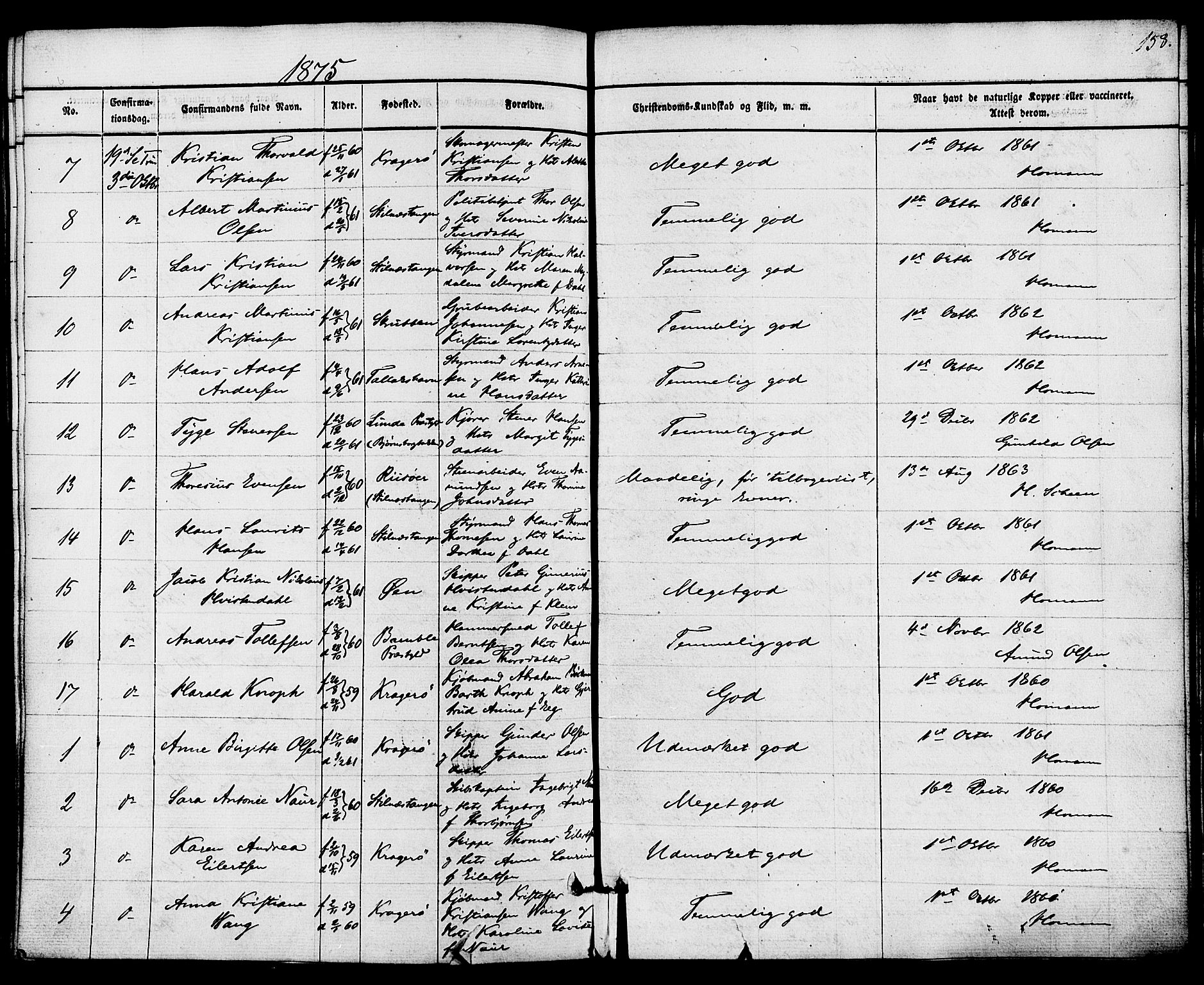 Kragerø kirkebøker, AV/SAKO-A-278/F/Fa/L0008: Parish register (official) no. 8, 1856-1880, p. 158