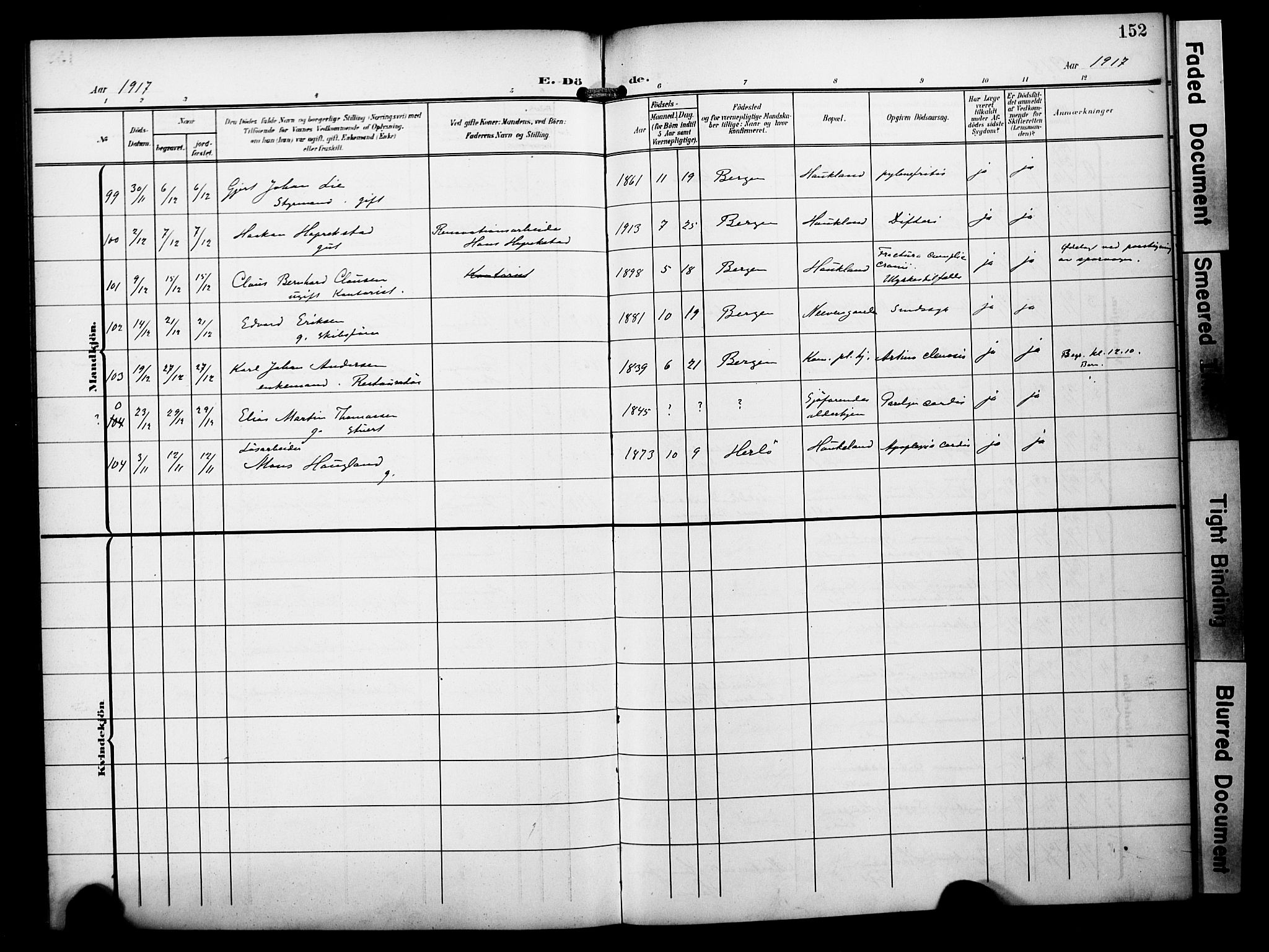 Bergen kommunale pleiehjem - stiftelsespresten, AV/SAB-A-100281: Parish register (official) no. A 6, 1908-1920, p. 152