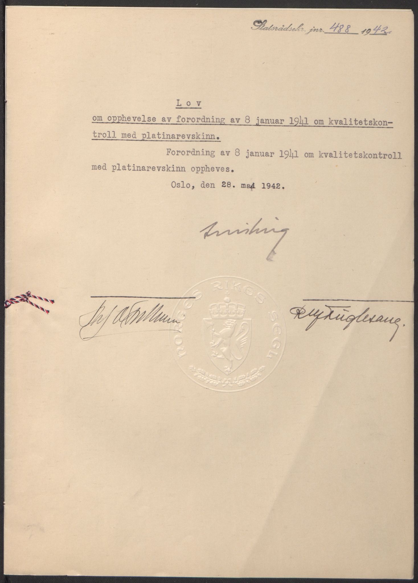 NS-administrasjonen 1940-1945 (Statsrådsekretariatet, de kommisariske statsråder mm), RA/S-4279/D/Db/L0097: Lover I, 1942, p. 357