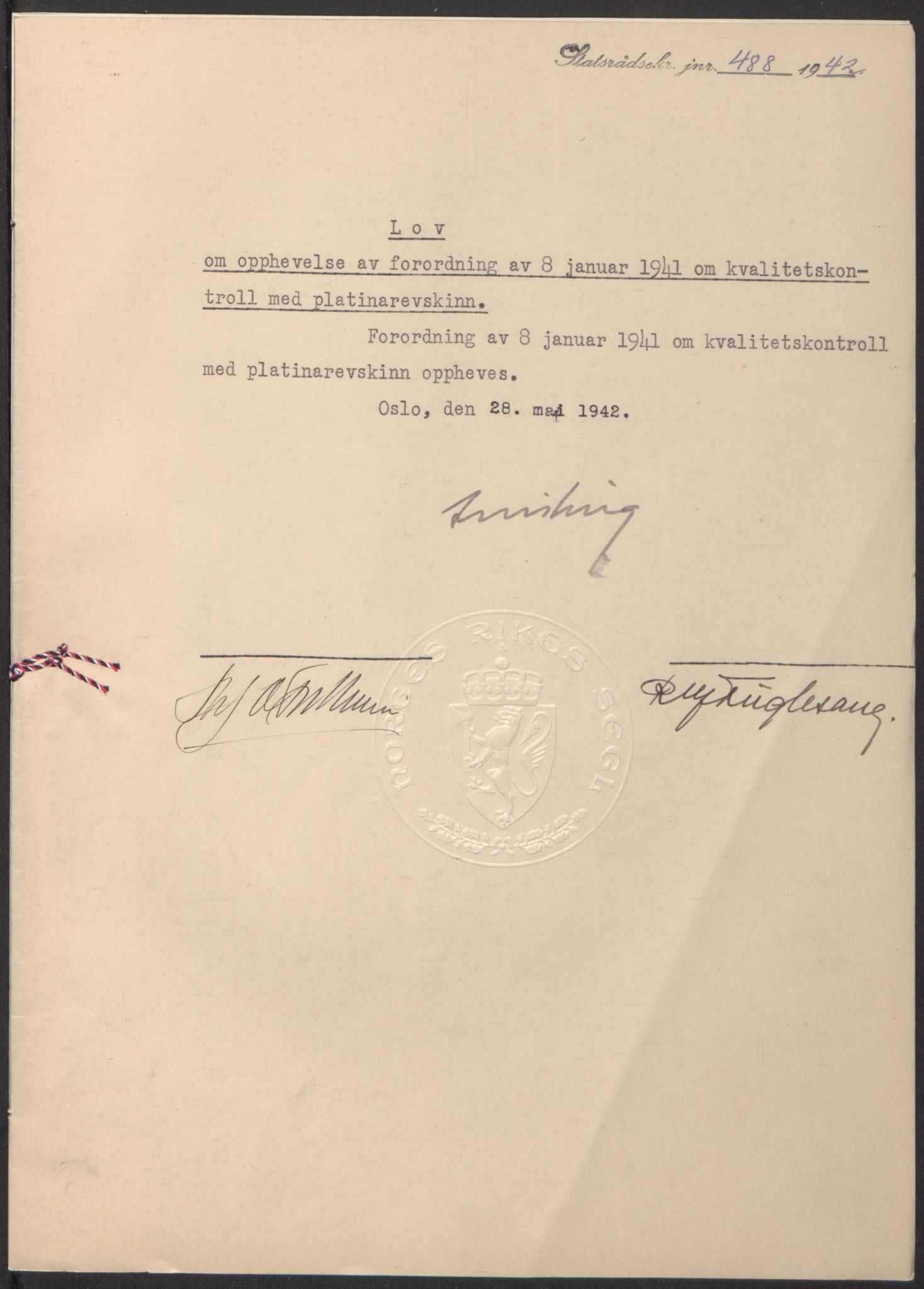 NS-administrasjonen 1940-1945 (Statsrådsekretariatet, de kommisariske statsråder mm), AV/RA-S-4279/D/Db/L0097: Lover I, 1942, p. 357