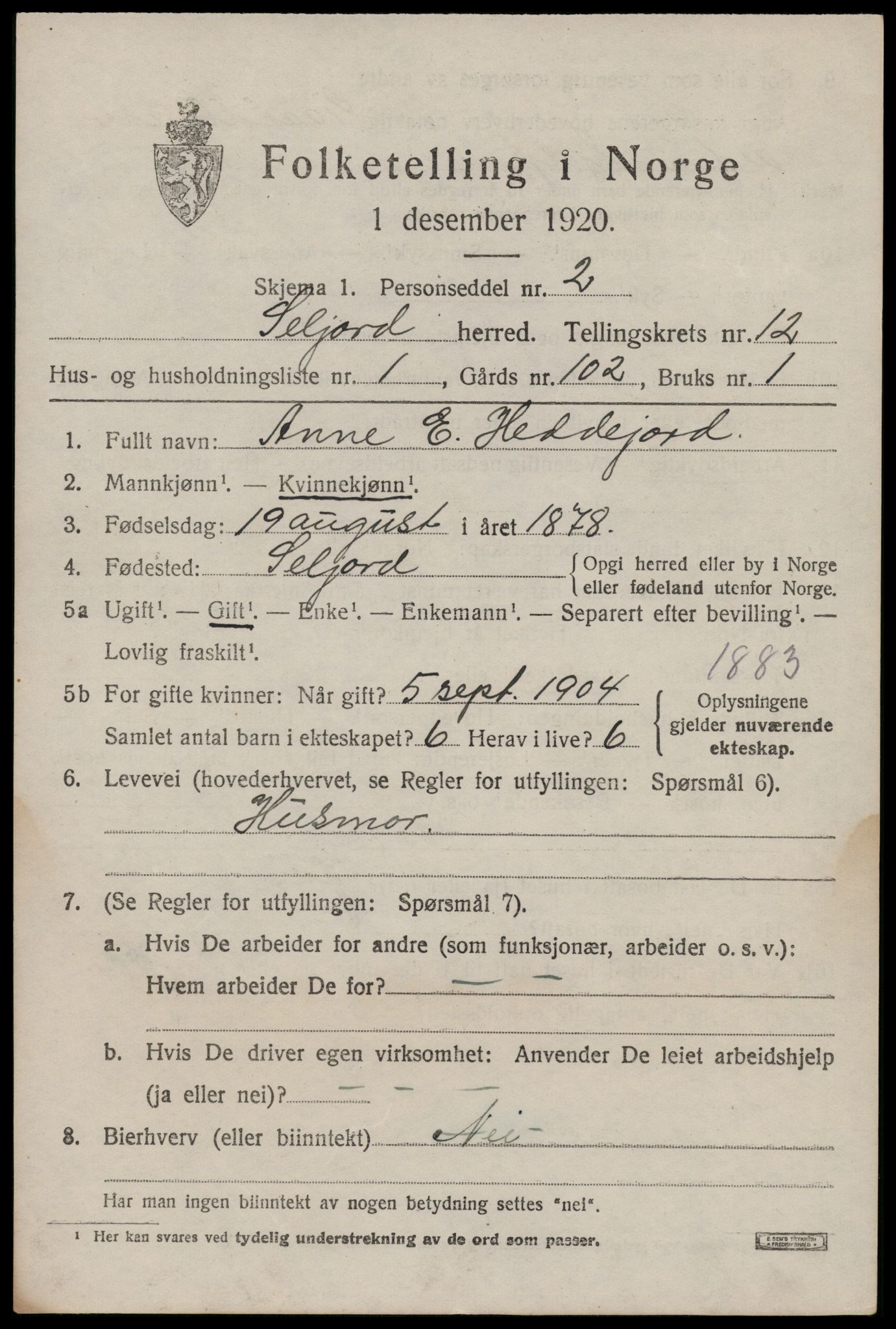 SAKO, 1920 census for Seljord, 1920, p. 5756