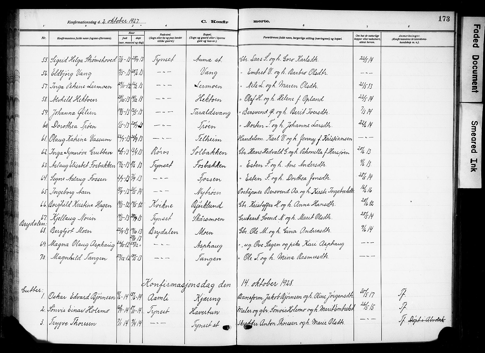 Tynset prestekontor, SAH/PREST-058/H/Ha/Hab/L0011: Parish register (copy) no. 11, 1915-1930, p. 173