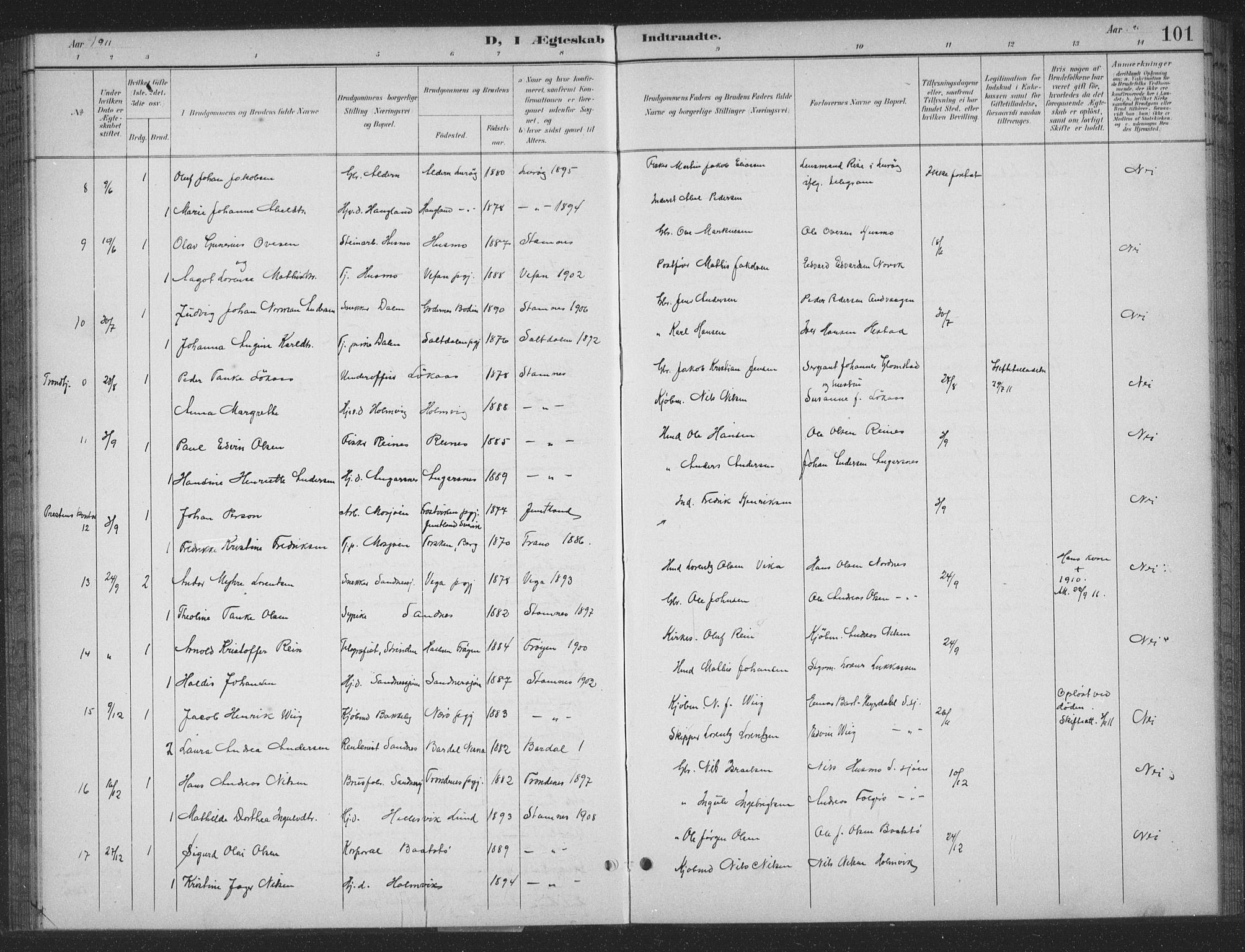 Ministerialprotokoller, klokkerbøker og fødselsregistre - Nordland, AV/SAT-A-1459/831/L0479: Parish register (copy) no. 831C06, 1897-1936, p. 101