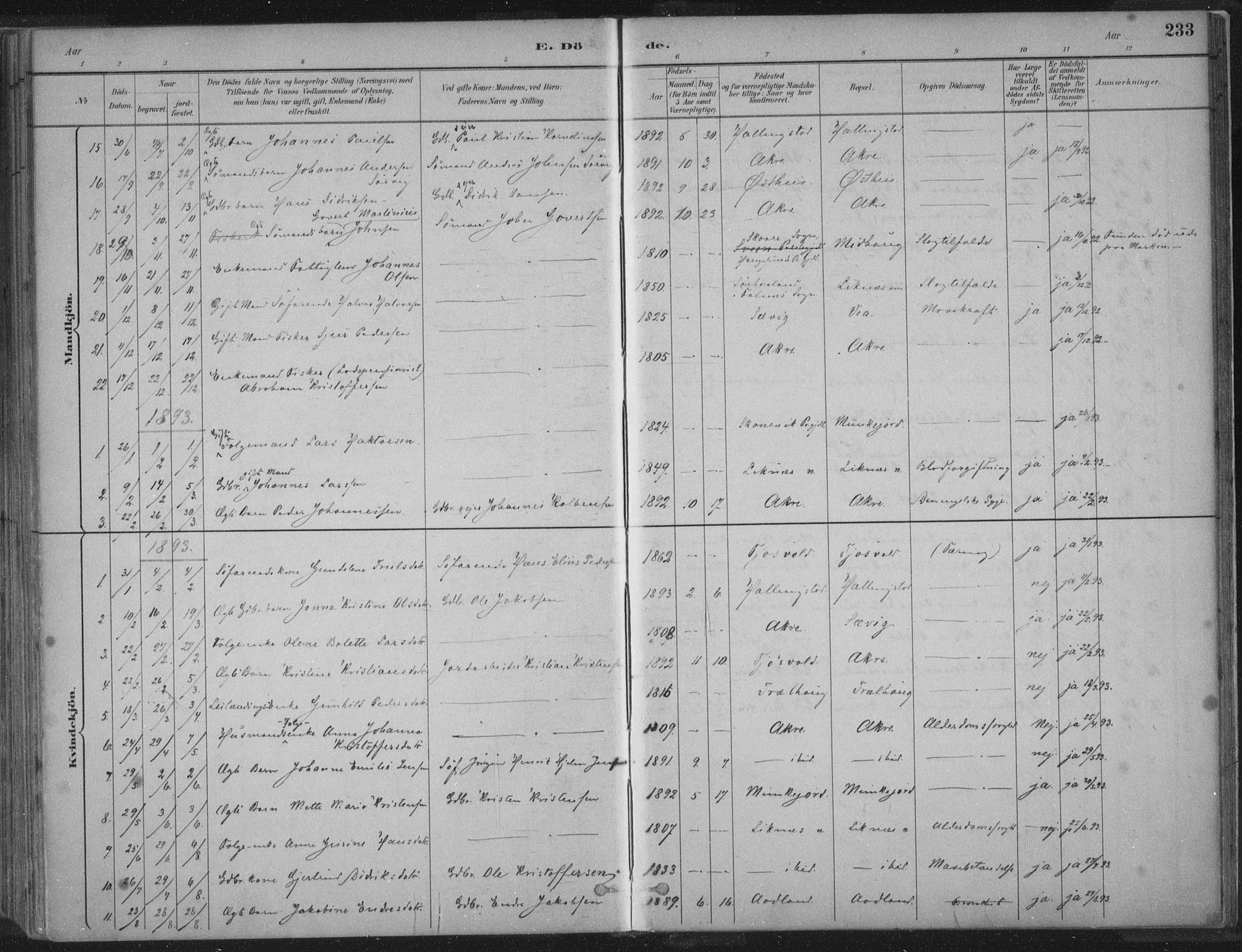 Kopervik sokneprestkontor, SAST/A-101850/H/Ha/Haa/L0004: Parish register (official) no. A 4, 1882-1905, p. 233