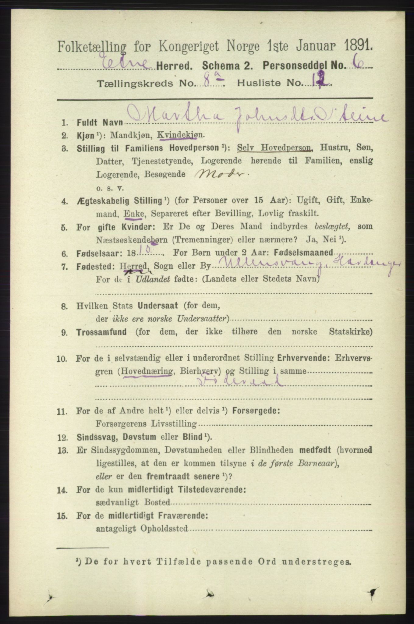 RA, 1891 census for 1211 Etne, 1891, p. 1590