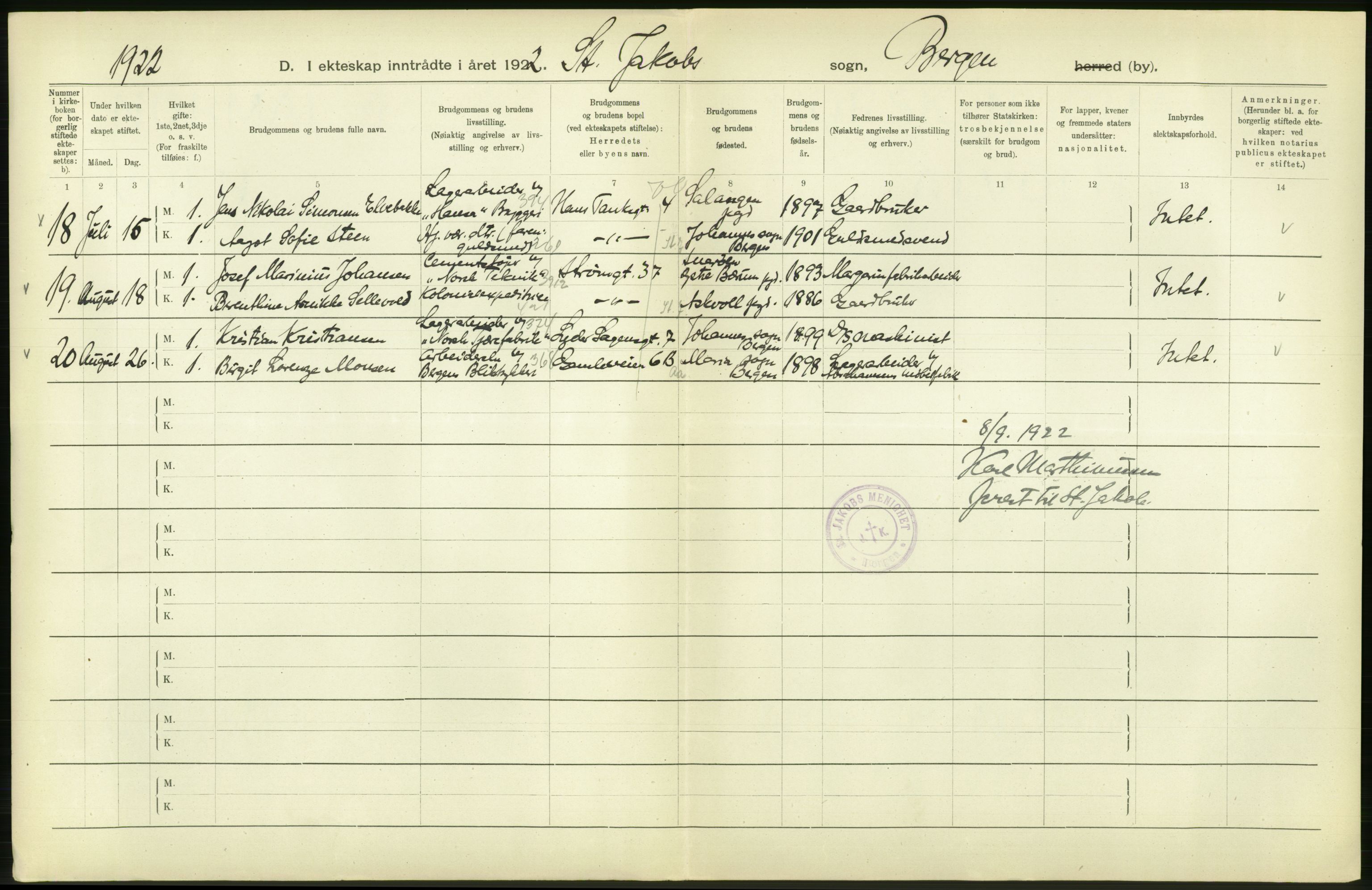 Statistisk sentralbyrå, Sosiodemografiske emner, Befolkning, AV/RA-S-2228/D/Df/Dfc/Dfcb/L0030: Bergen: Gifte, døde, dødfødte., 1922, p. 22