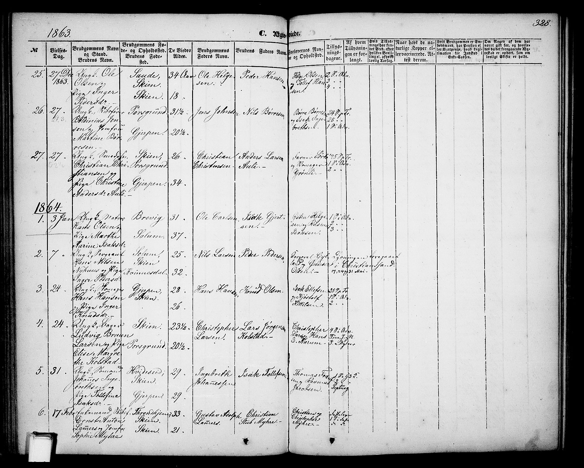 Skien kirkebøker, SAKO/A-302/G/Ga/L0004: Parish register (copy) no. 4, 1843-1867, p. 328