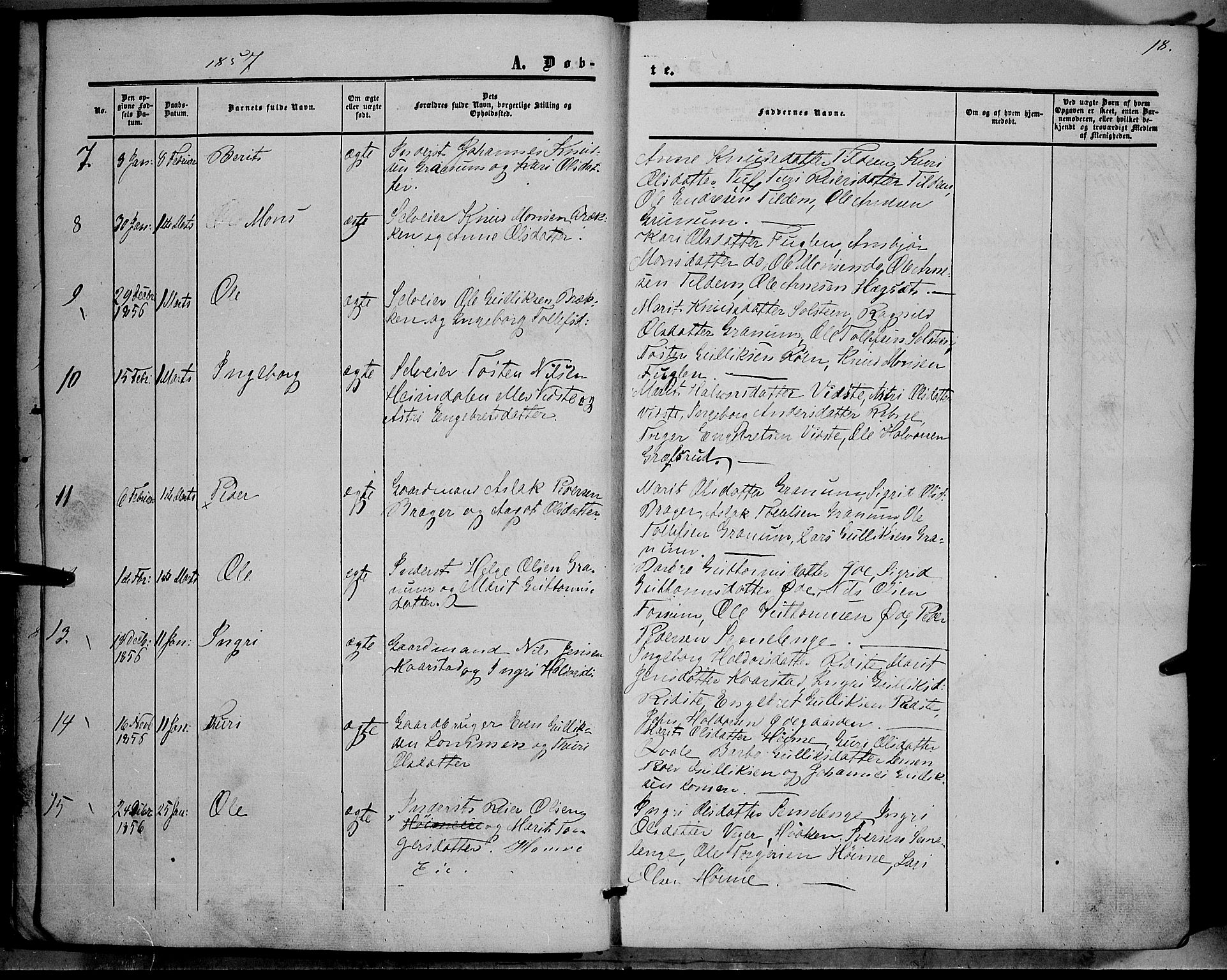Vestre Slidre prestekontor, SAH/PREST-136/H/Ha/Haa/L0002: Parish register (official) no. 2, 1856-1864, p. 18