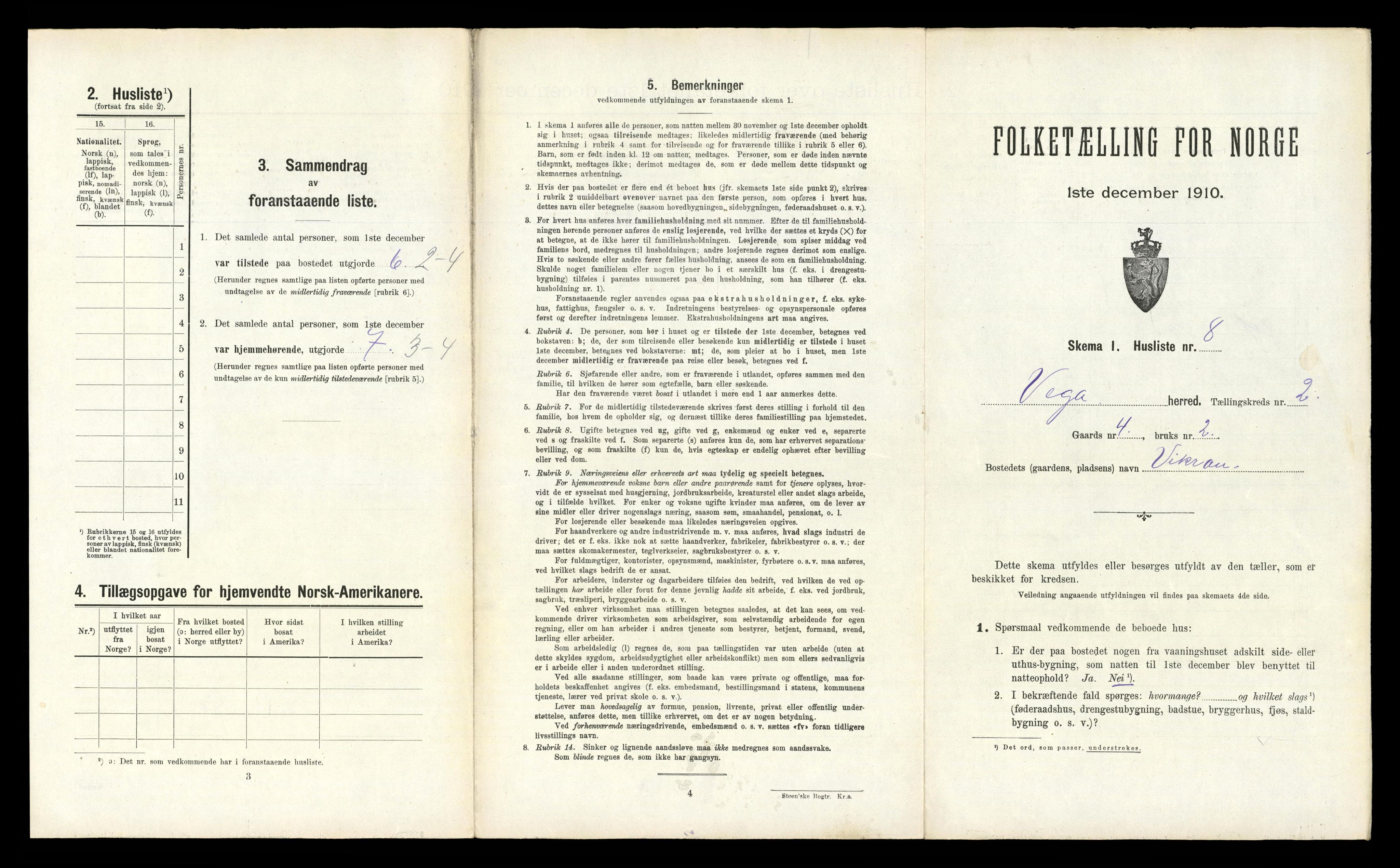 RA, 1910 census for Vega, 1910, p. 108