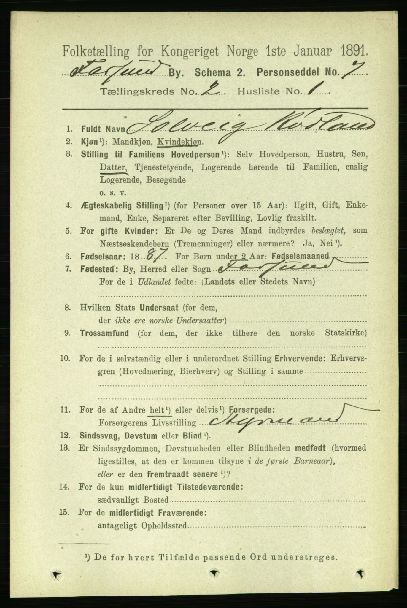 RA, 1891 census for 1003 Farsund, 1891, p. 960