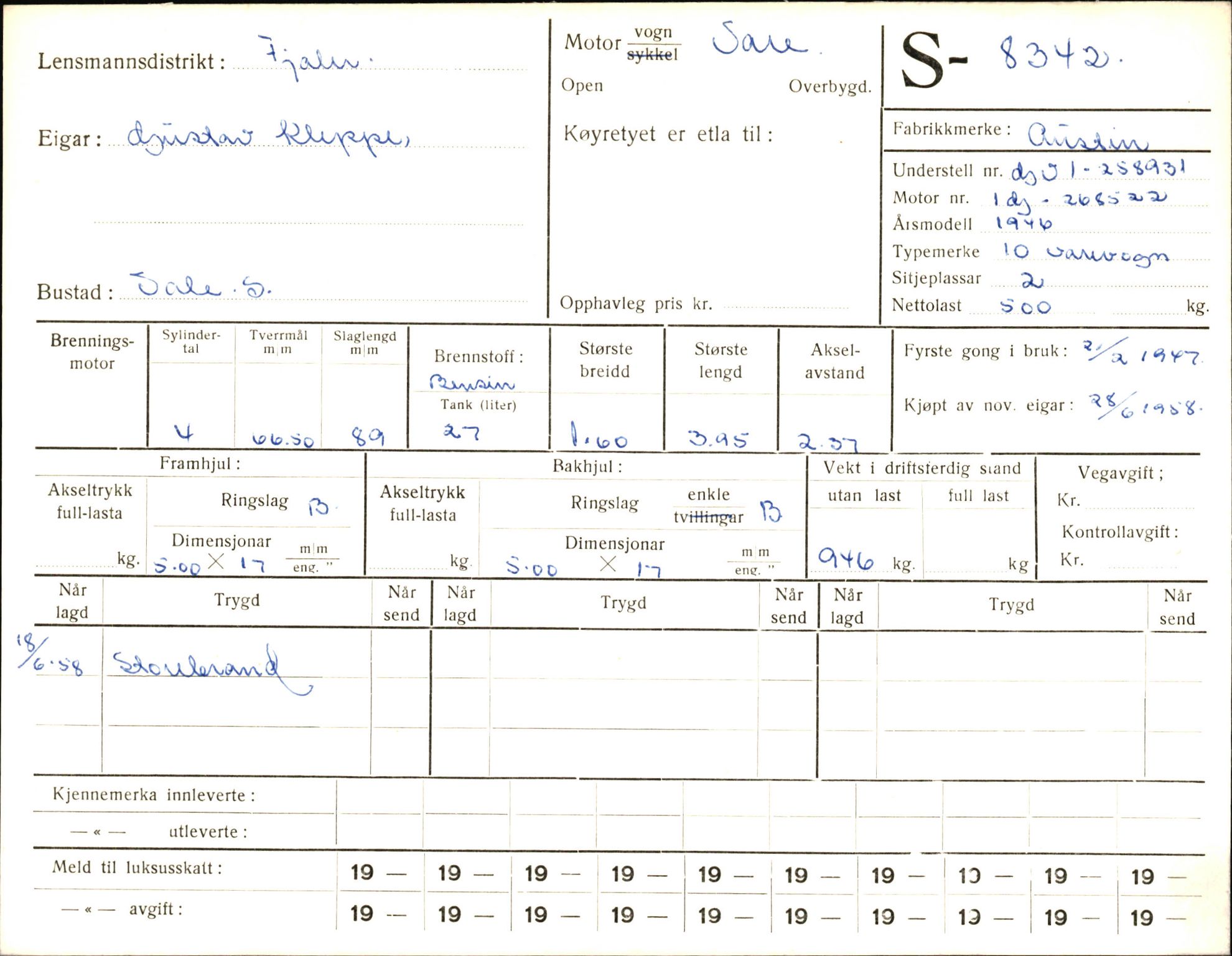 Statens vegvesen, Sogn og Fjordane vegkontor, AV/SAB-A-5301/4/F/L0006: Registerkort utmeldte Fjordane S8300-9500, 1930-1961, p. 60