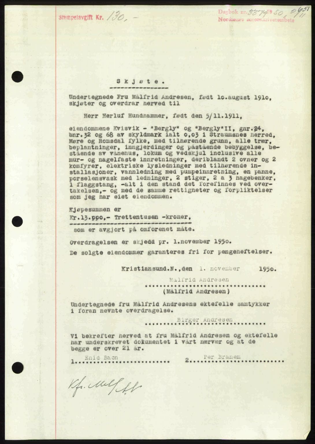 Nordmøre sorenskriveri, AV/SAT-A-4132/1/2/2Ca: Mortgage book no. A116, 1950-1950, Diary no: : 3379/1950