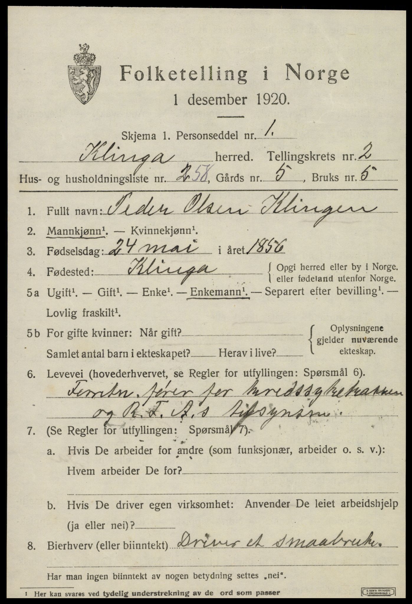 SAT, 1920 census for Klinga, 1920, p. 2057