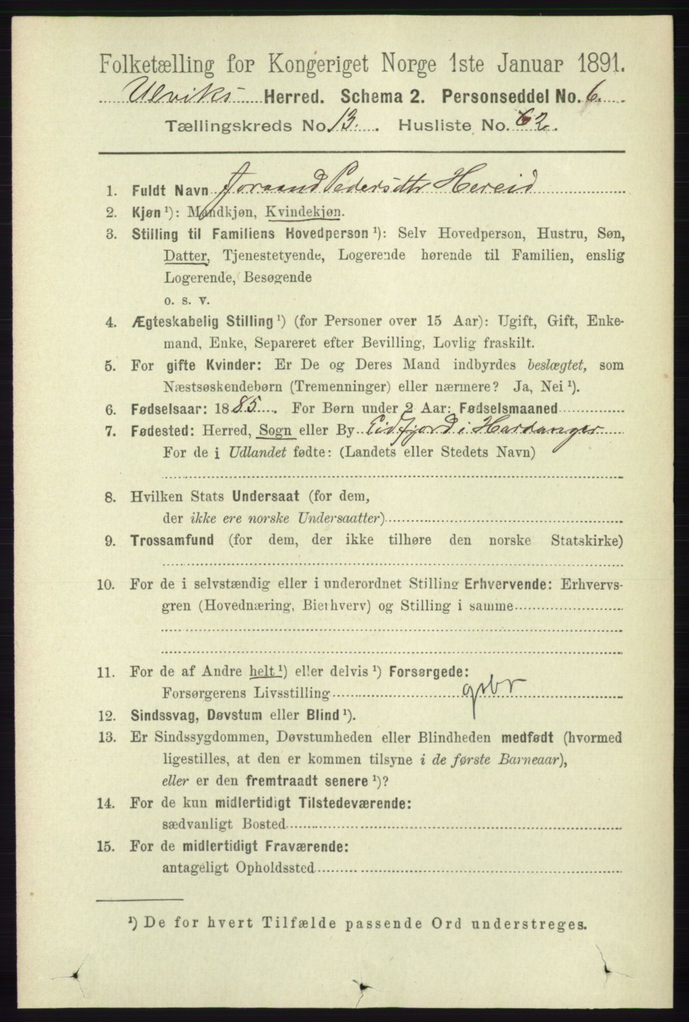 RA, 1891 census for 1233 Ulvik, 1891, p. 4195