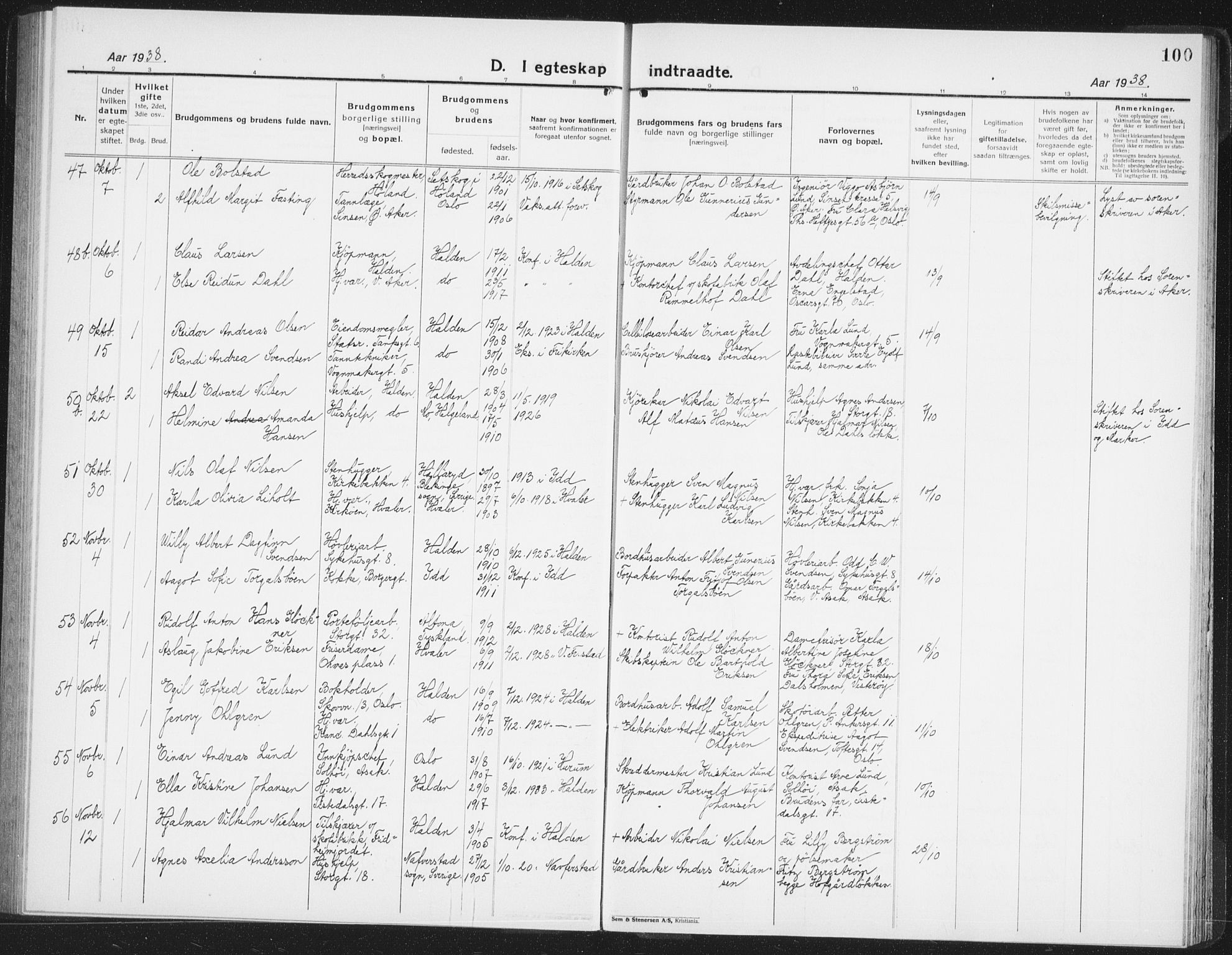 Halden prestekontor Kirkebøker, AV/SAO-A-10909/G/Ga/L0014: Parish register (copy) no. 14, 1925-1943, p. 100