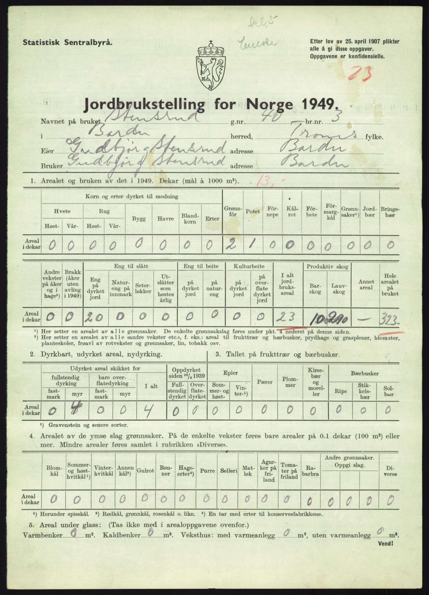 Statistisk sentralbyrå, Næringsøkonomiske emner, Jordbruk, skogbruk, jakt, fiske og fangst, AV/RA-S-2234/G/Gc/L0438: Troms: Salangen og Bardu, 1949, p. 1039