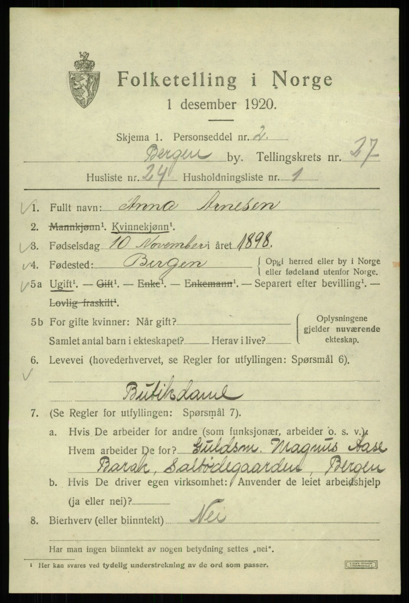 SAB, 1920 census for Bergen, 1920, p. 91783