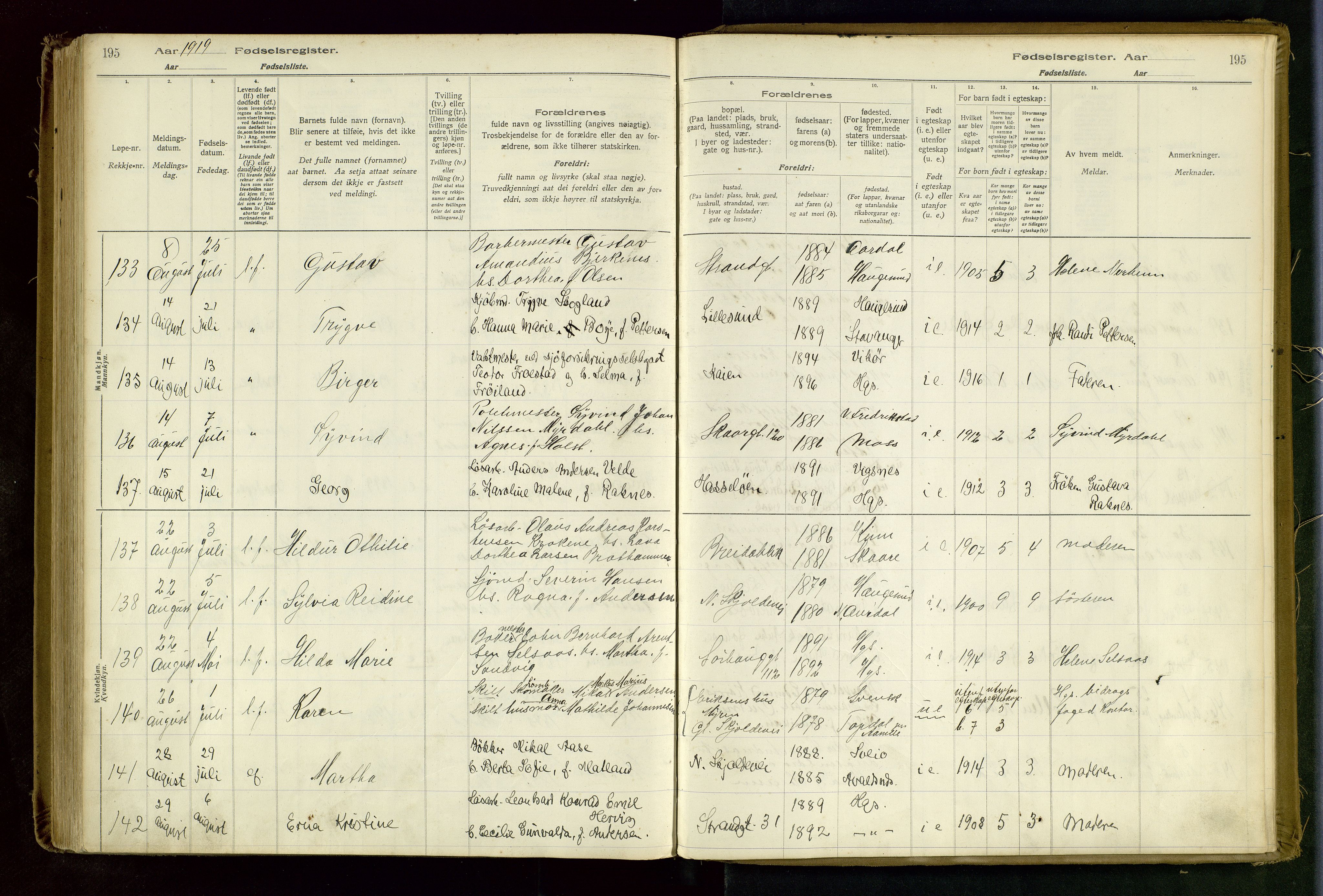 Haugesund sokneprestkontor, SAST/A -101863/I/Id/L0003: Birth register no. 1, 1916-1919, p. 195