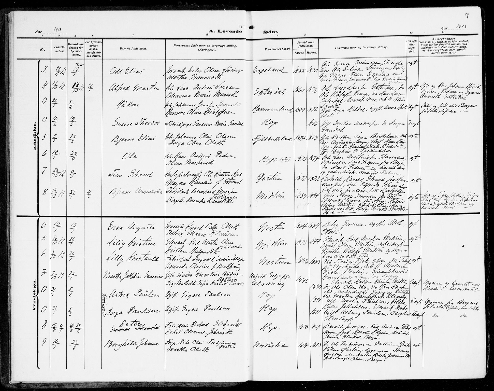 Fana Sokneprestembete, SAB/A-75101/H/Haa/Haai/L0004: Parish register (official) no. I 4, 1912-1933, p. 7